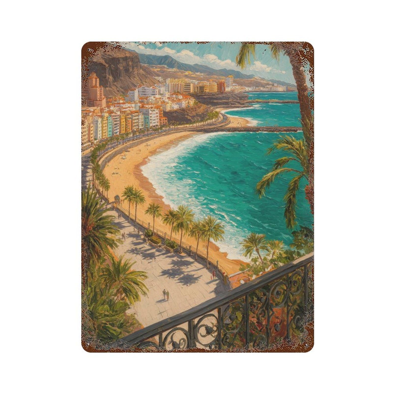 xiaoxiaoshen Los Cristianos Tenerife Spain Oil Painting Travel Beach Bay Wall Decor Art Metal Tin Poster Modern Home Decor Art Home Bar Shop Decorations Vintage Sign 40x30cm