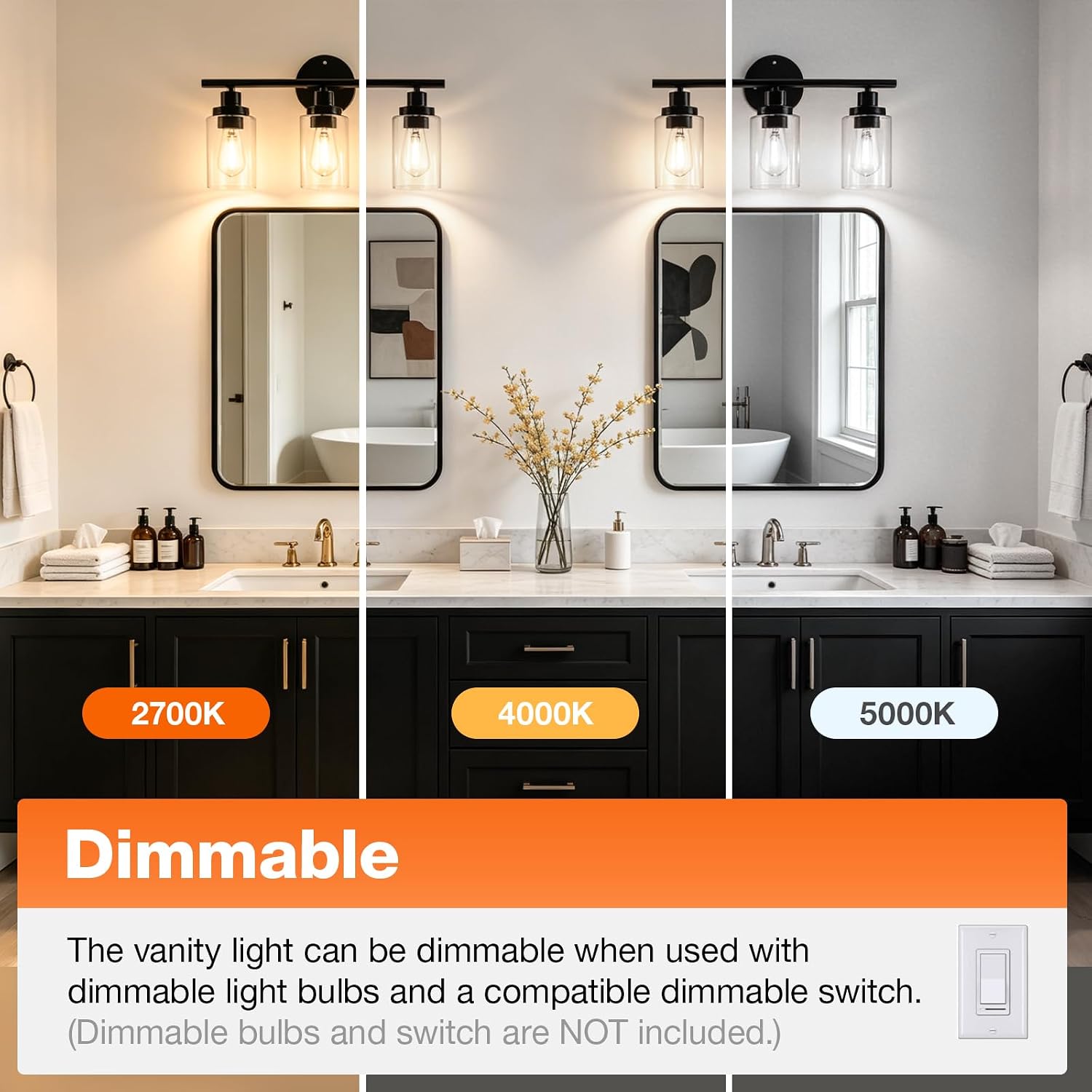 Sylvania 18.23" Bathroom Light Fixture with 3 Clear Glass Shade, Iron with Black Finish, E26 Medium Base, Vanity Lights for Bathrooms, Foyers, Entryways - 1 Pack (67904)
