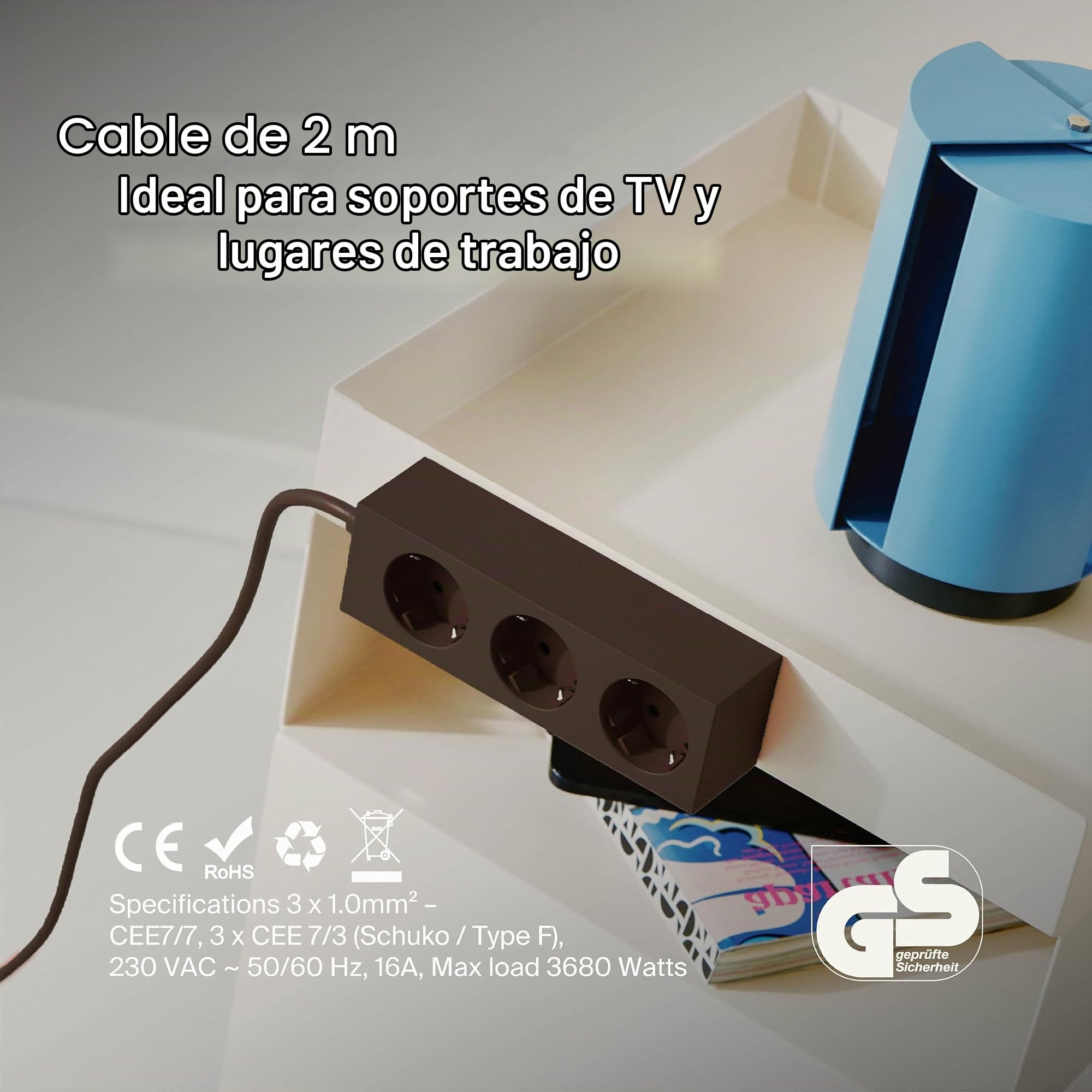 Pedestal Power Bar regleta de enchufes de 2 m con Base magnética (Negra) - práctico y Elegante Enchufe múltiple magnético de 3 vías - Enchufe magnético de 3 vías - regleta de alimentación de 3 vías