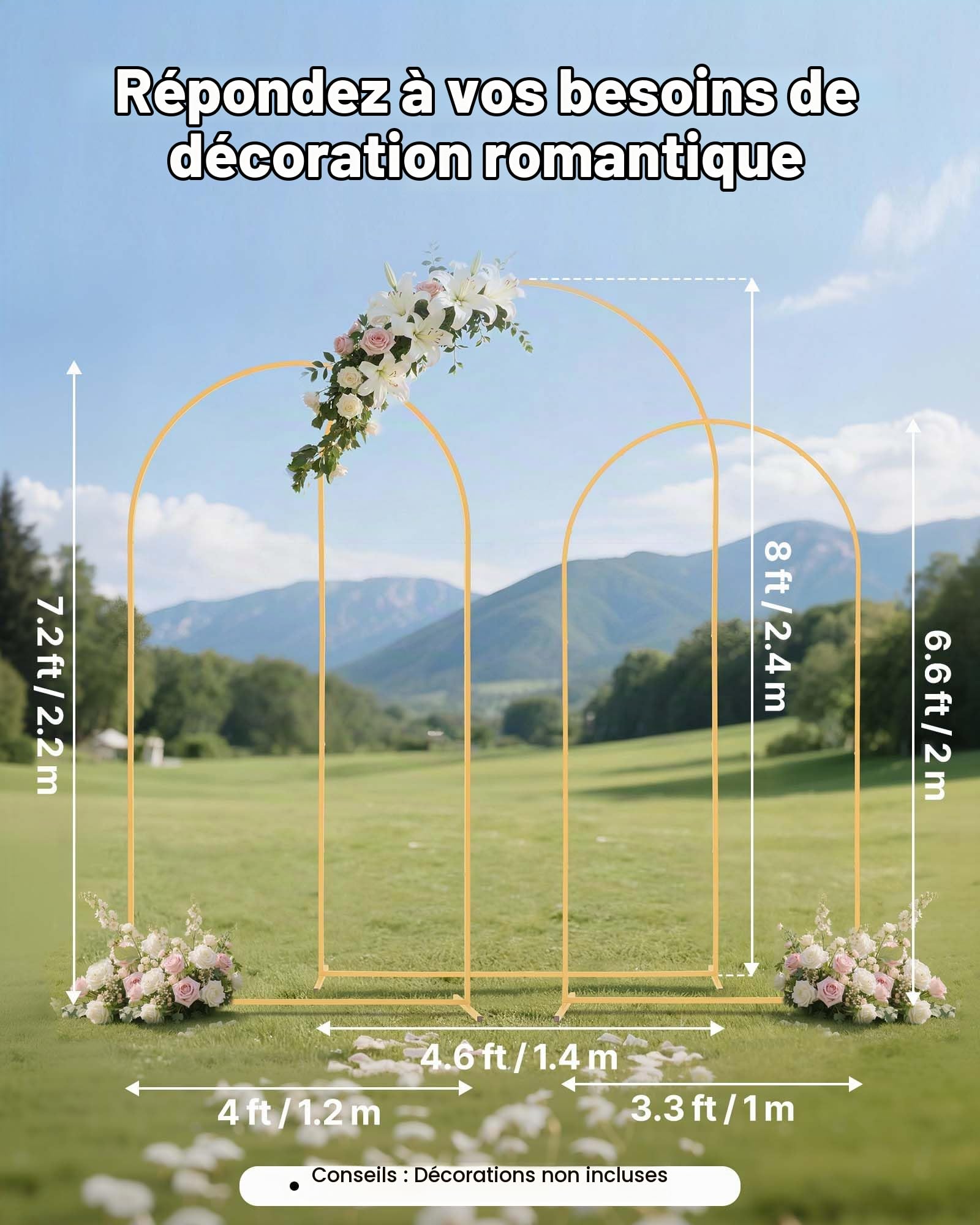 VEVOR Arche de Mariage Lot de 3 Support de Fond Arche 2,4 m 2,2 m 2 m pour Décoration de Mariage, Anniversaires, Remises de Diplômes, Fêtes, Cérémonies, Célébrations, Structure Stable en Métal, Doré