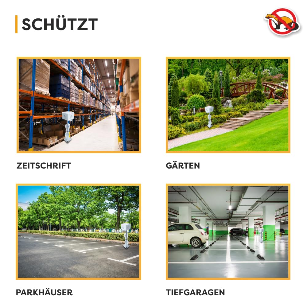 Marderschutz Light Hermetic | Wirkt auf 4 Seiten | Auf hohem Fuß | Schützt Parkplätze und große Flächen | Stromversorgung 230V
