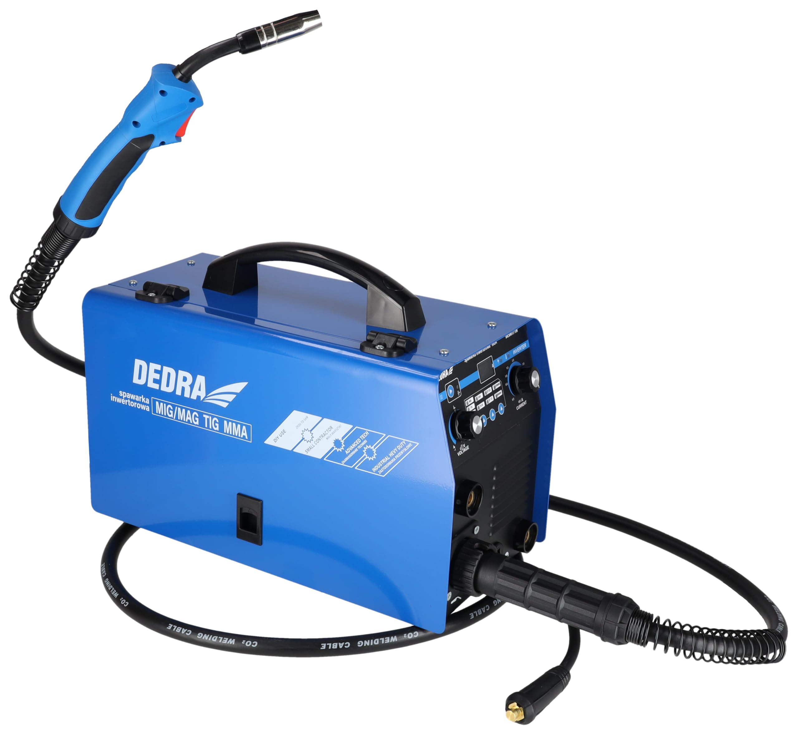 Dedra DESMI171M – spawarka inwertorowa IGBT 3 w 1, MIG/MAG 160 A, MMA/TIG 140 A, LCD, HOT START, ANTI STICK, ARC FORCE, stopień ochrony IP21S – komplet