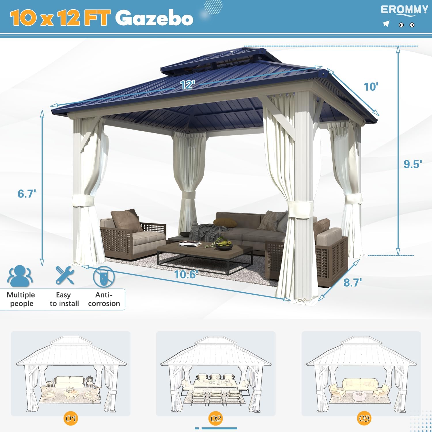 EROMMY 10'x12' Gazebo Hardtop, Galvanized Steel Double Roof Metal Gazebo with Aluminum Frame, Permanent Outdoor Pavilion with Curtain and Netting for Patio Lawn and Garden, Blue