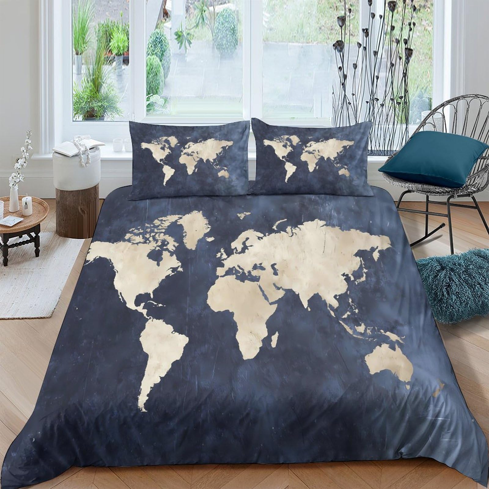 Ctjqhvkz Style-3 3D Printed World Map Fitted Sheet Microfiber Soft Breathable Dark Blue Globe Mattress Cover For Bedroom Guest Room Decor Single（135X200cm）
