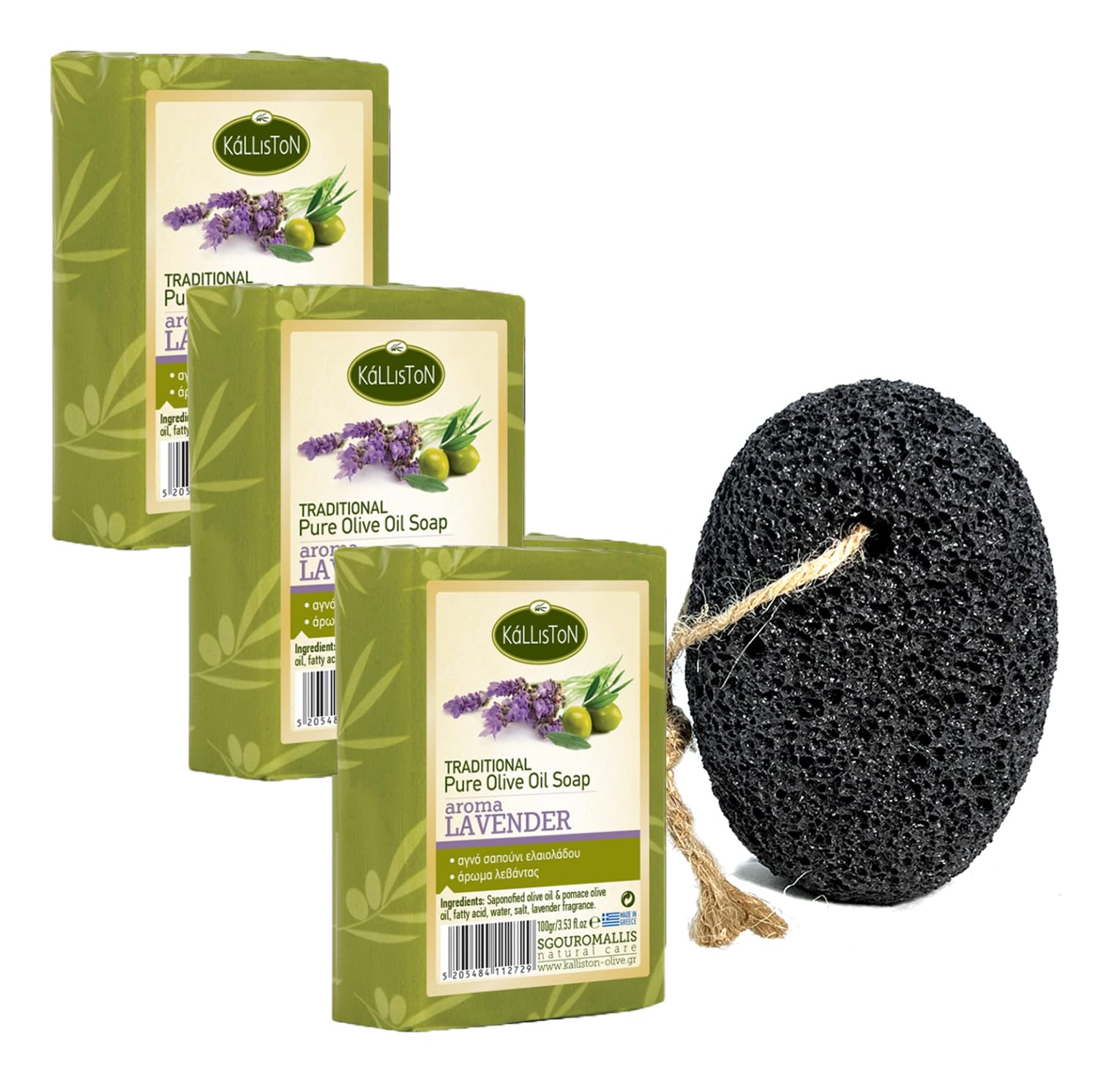 Kalliston, Olive Oil Soap with Lavender extract, Includes Pumice Stone, all-natural soap bars, Product of Greece, Pack of 4