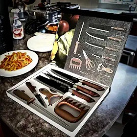 Kit Churrasco Madeirado, Conjunto 8 Peças, Facas Gourmet, Corte Navalha Antiaderente Premium - T2X Soluções (Madeirado)