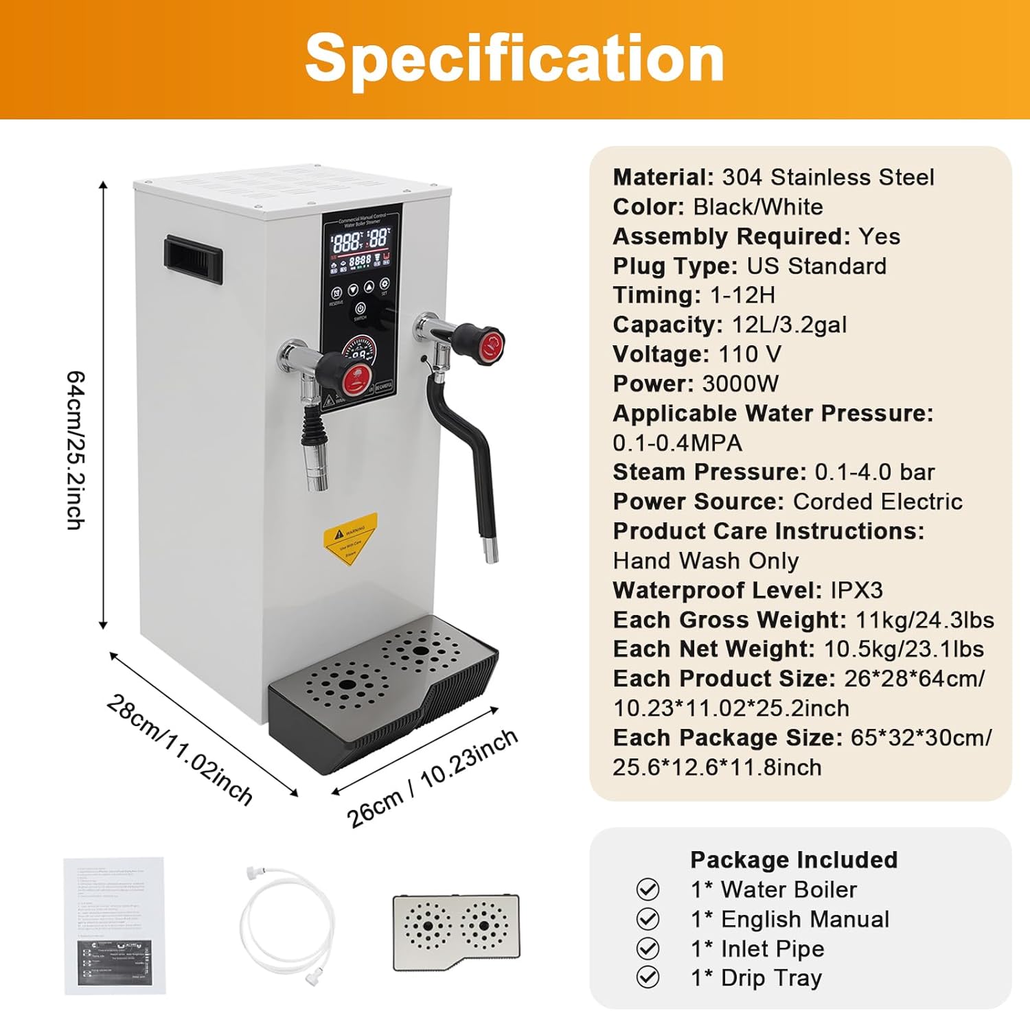 Commercial Milk Frother, 3KW 12L Multi-Purpose Full-Automatic Steam Boiling Water Frothing Machine Steam Milk Frothing Machine with 12H Timing Function for Tea Coffee Dessert Milk (WHTIE)