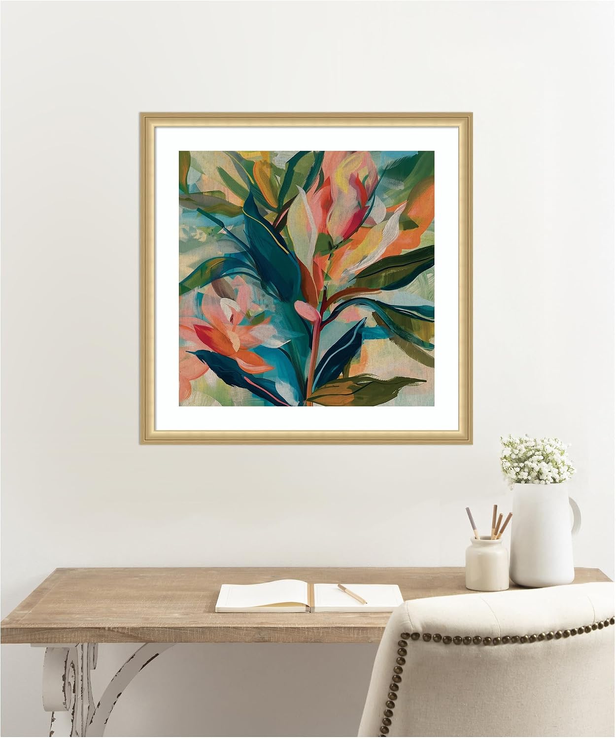 Kate and Laurel Framed Wall Art Print 'Colorful Tropic Botanical Abstract Neutral Linen' by The Creative Bunch Studio, 26 x 26, Florence Gold Frame, Bohemian Boho, Abstract, Flowers Art for Wall Decor