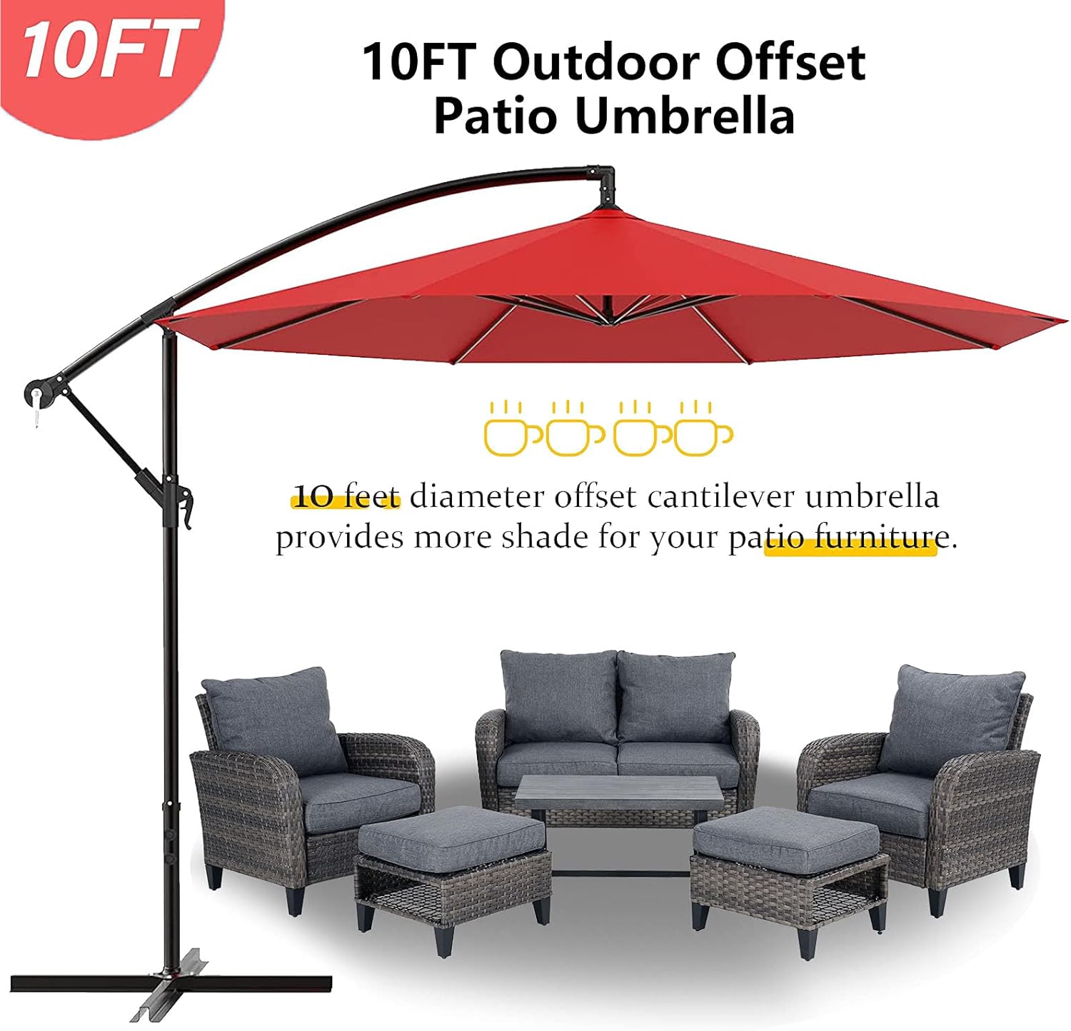 Patio Offset Umbrella Outdoor Cantilever Umbrella Hanging Umbrellas with Tilt and Crank, 8-Rib Easy Adjustment Garden Parasol Backyard Sunshade for Patio Table Deck Porch Poolside (10FT, Red)