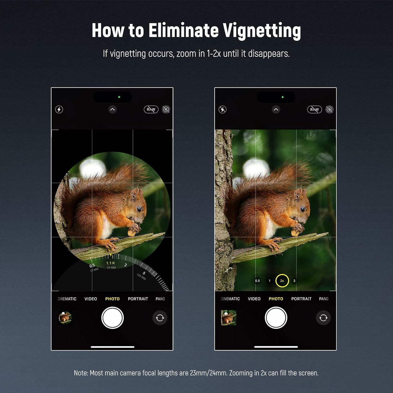 Smartphone screen showing vignetting before zooming in, and a clear image after zooming in to eliminate vignetting.