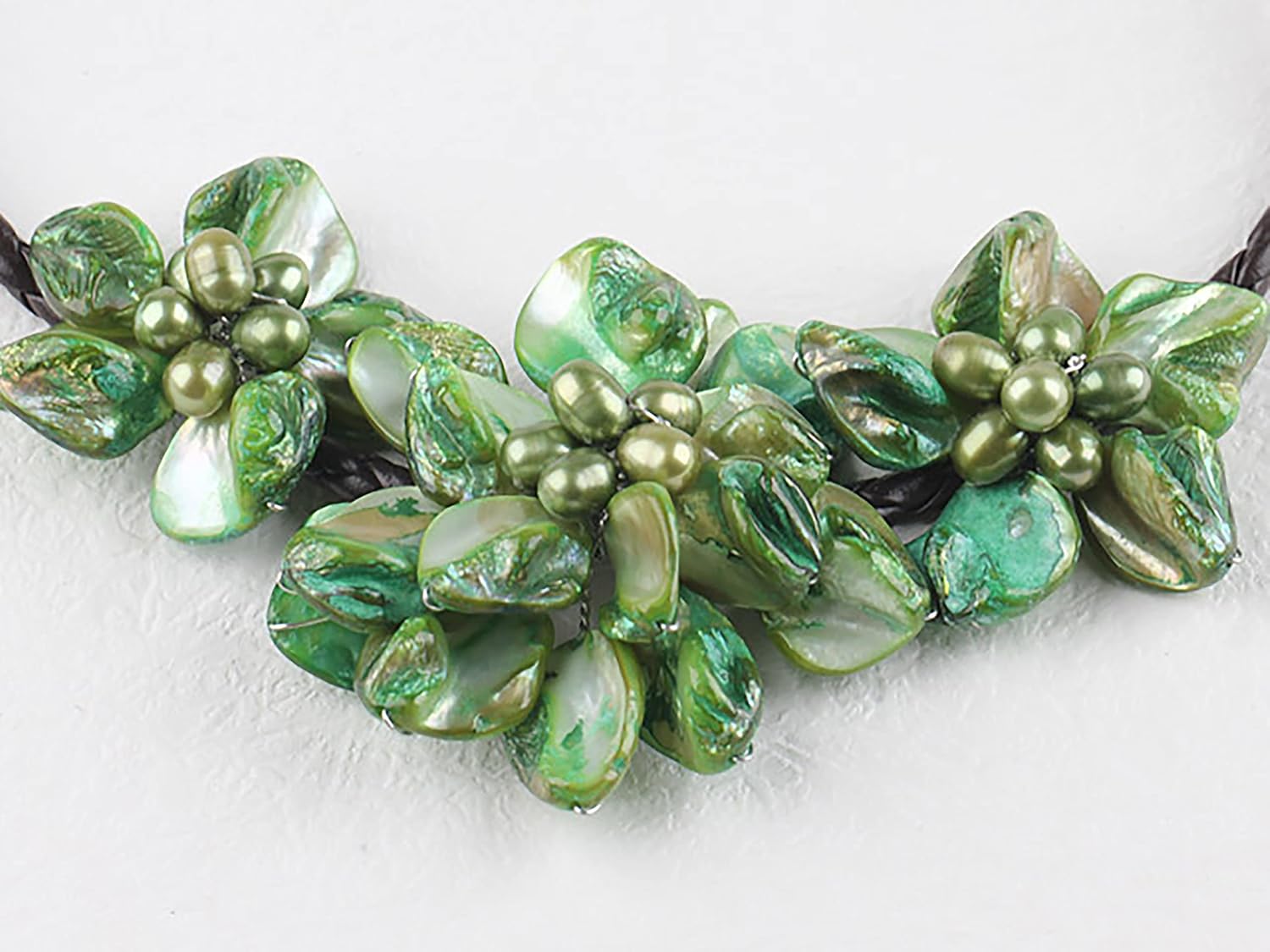 Shell Beaded Choker with Adjustable Black Leather Cord - Seashell - Mother of Pearl - Bib - Chunky - Bold - Floral - Wide Collar - Statement Necklaces - Rose Gold - Pink - Handmade Green Jewelry - Unique Gifts for Women