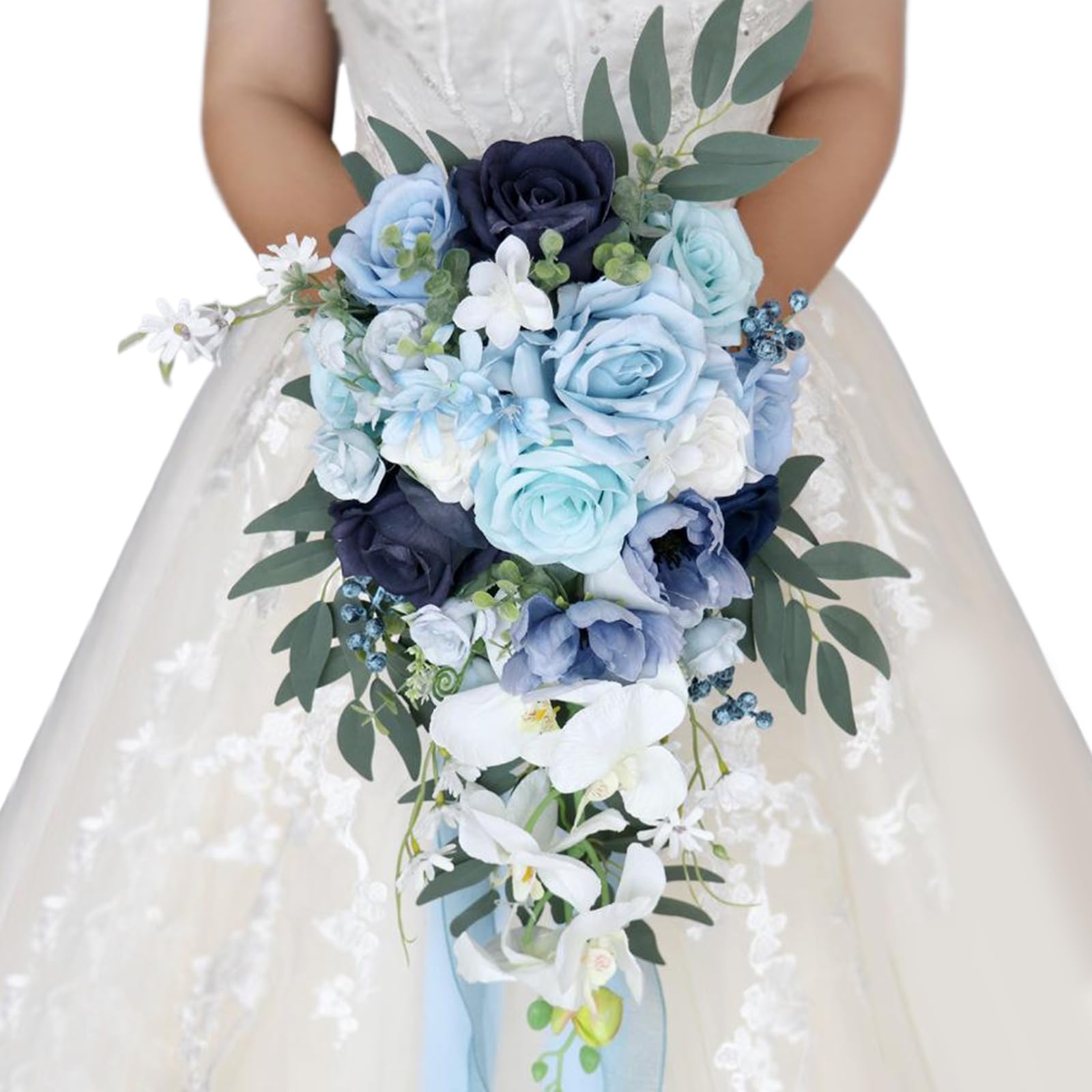 Ginwrek Wedding Bouquets for Bride Wedding Bouquets for Bride/Bridesmaid Water Drop Shaped Bridal Bouquet 10x20 Lifelike Light Blue Plastic Artificial Flowers for