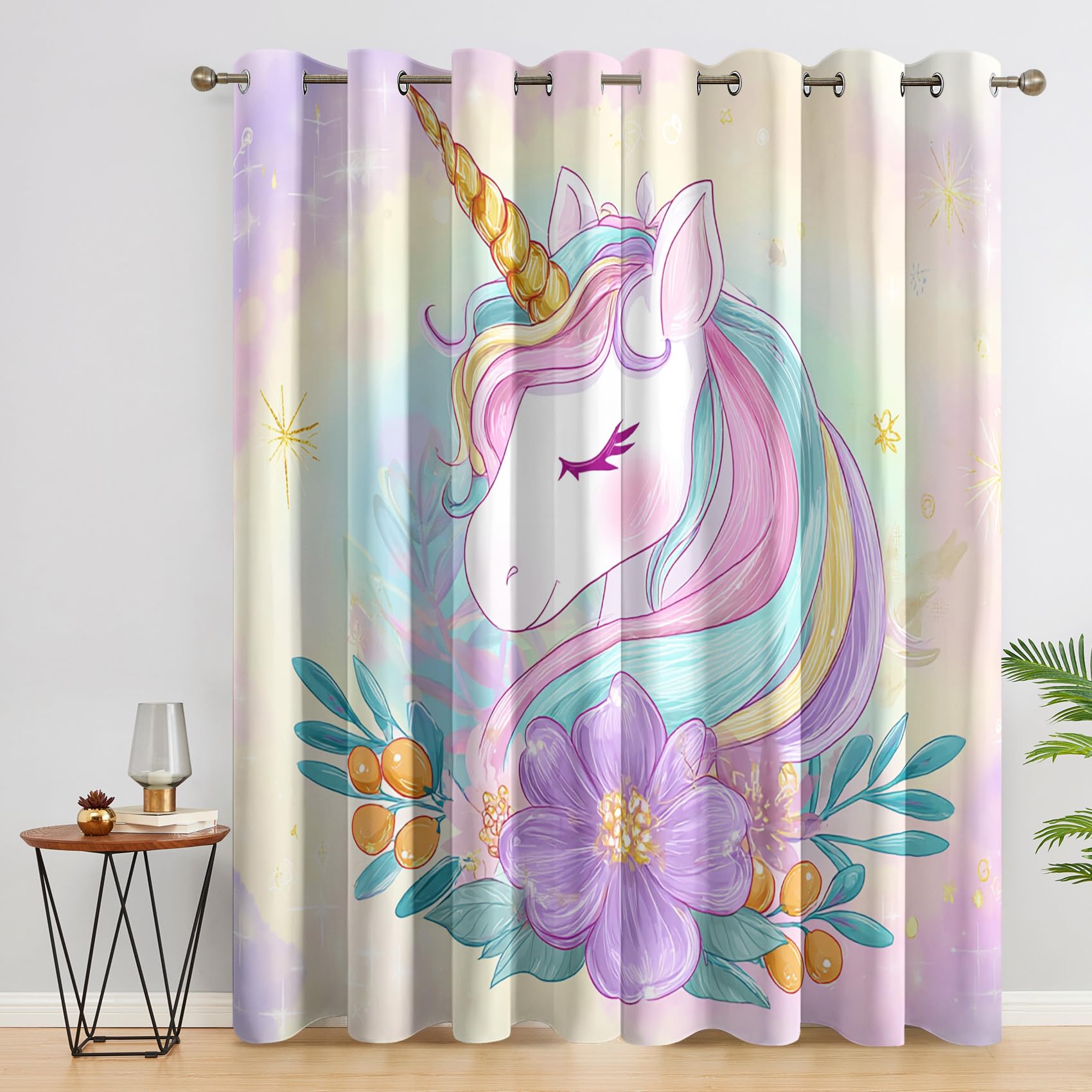 Kinder Mädchen Vorhang Mit ösen Blickdicht, Pferde Blumen Lila Vorhänge Schlafzimmer Wohnzimmer Küche 140 x 200 cm Lang, Übergardinen Innen Verdunklungsvorhänge