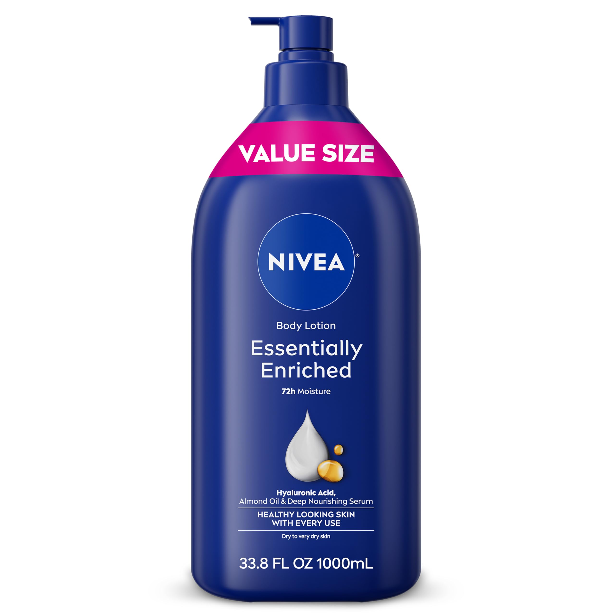 NIVEA Essentially Enriched Body Lotion for Very Dry Skin with Hyaluronic Acid, Almond Oil and Deep Nourishing Serum, 72-Hour Body Moisturizer, 33.8 Fl Oz Value Size Pump Bottle