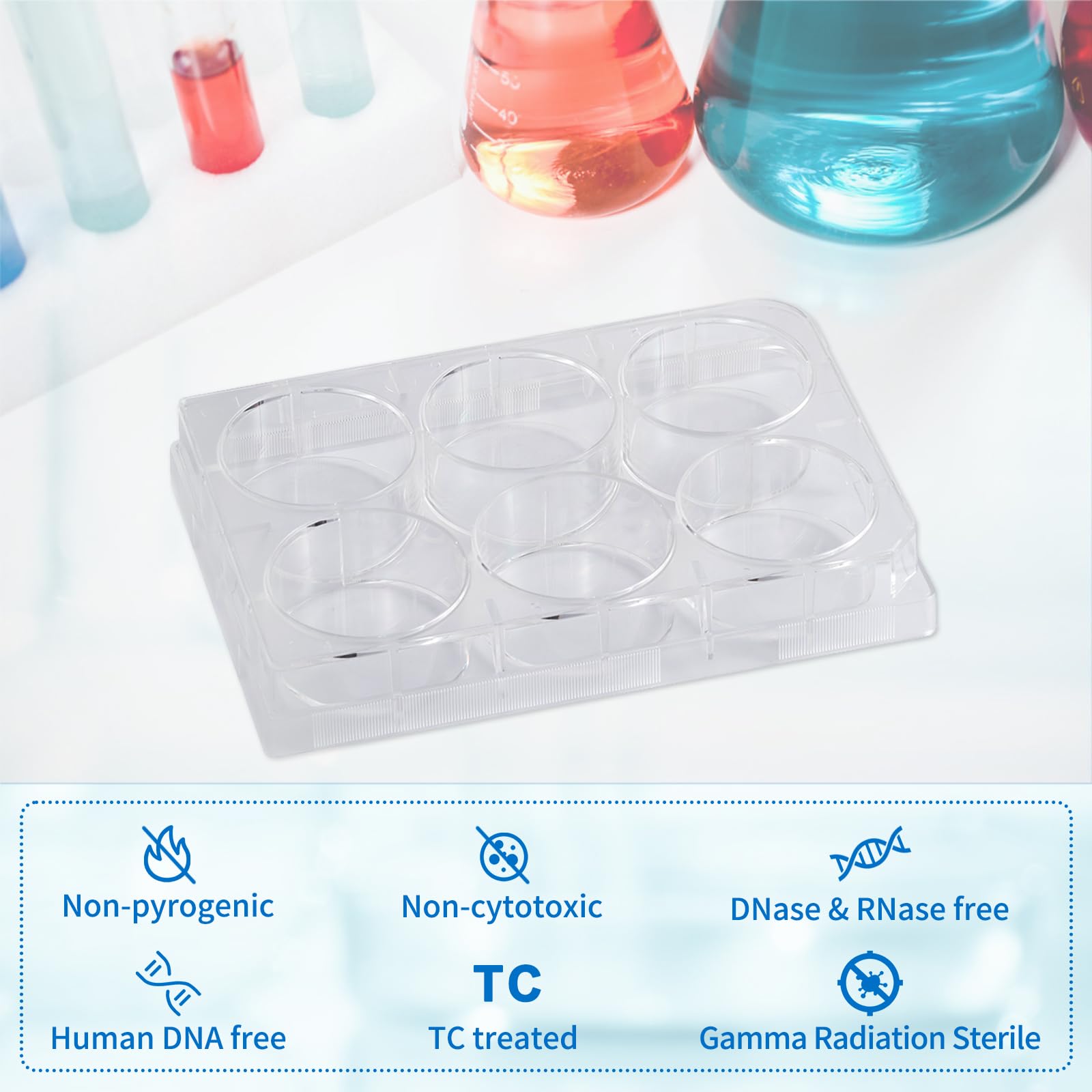 50 Stück Zellkulturplatten 6 Löcher, Sterile Kulturplatte, Gewebekulturplatte, Reaktionsplatte, Polystyrol Petrischale für Laborbiologieräume, Transparent, Einzeln Verpackt