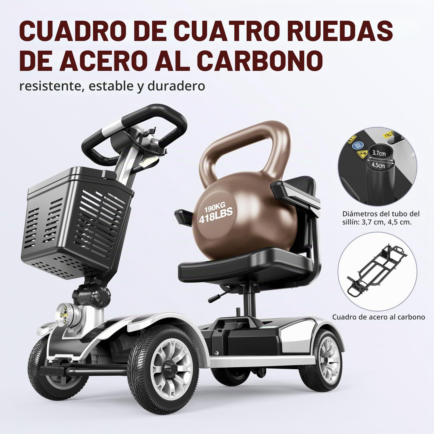 Scooter de movilidad plegable, silla de ruedas eléctrica plegable de 4 ruedas para adultos y personas mayores, con batería de largo alcance, cesta y luz para coche