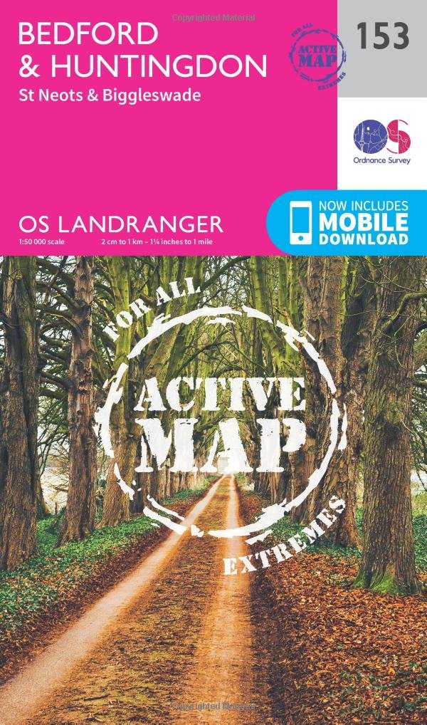 Bedford & Huntingdon Map | Weatherproof | St Neots & Biggleswade | Ordnance Survey | OS Landranger Active Map 153 | England | Walks | Cycling | Days Out | Maps | Adventure