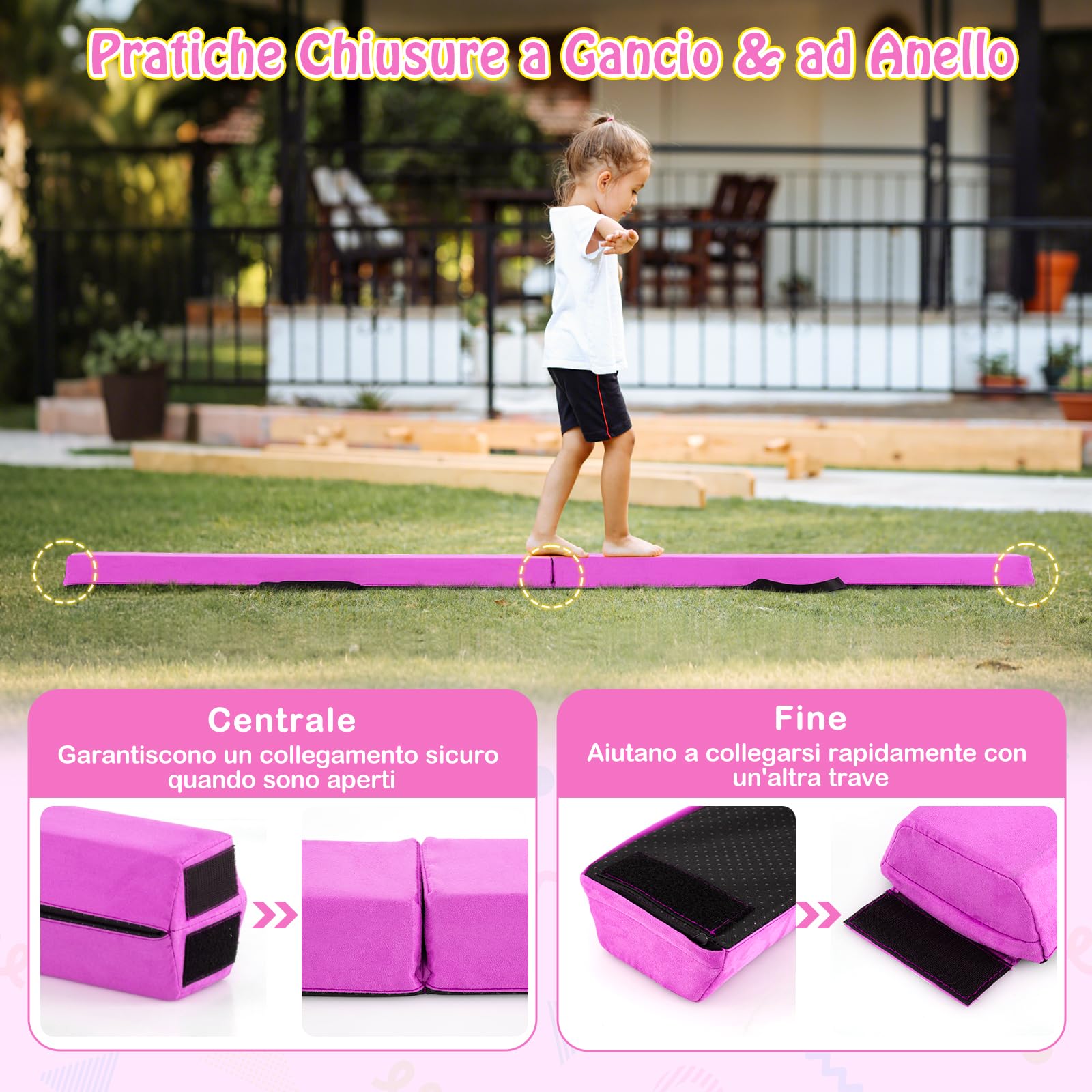 GYMAX Trave da Ginnastica Pieghevole, con Manico, Superficie Morbido, Imbottitura in Schiuma, Base Antiscivolo, Copertura con Cerniera, Attrezzatura da Ginnastica per Esercitazioni a Casa