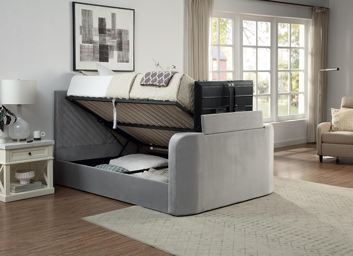 Home Treats King Size Ottoman TV Bed With Pocket Sprung Mattress | Grey Velvet Smart Bed With Remote Control TV Footboard Operation | Gas Lifting Underbed Storage (King Size - Pocket Sprung Mattress)