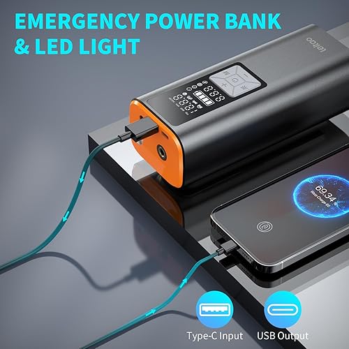 Miniatura 5 de Inflador de neumáticos inalámbrico, compresor de aire portátil de 150 PSI con parte trasera de almacenamiento de accesorios, bomba de aire de 12 V