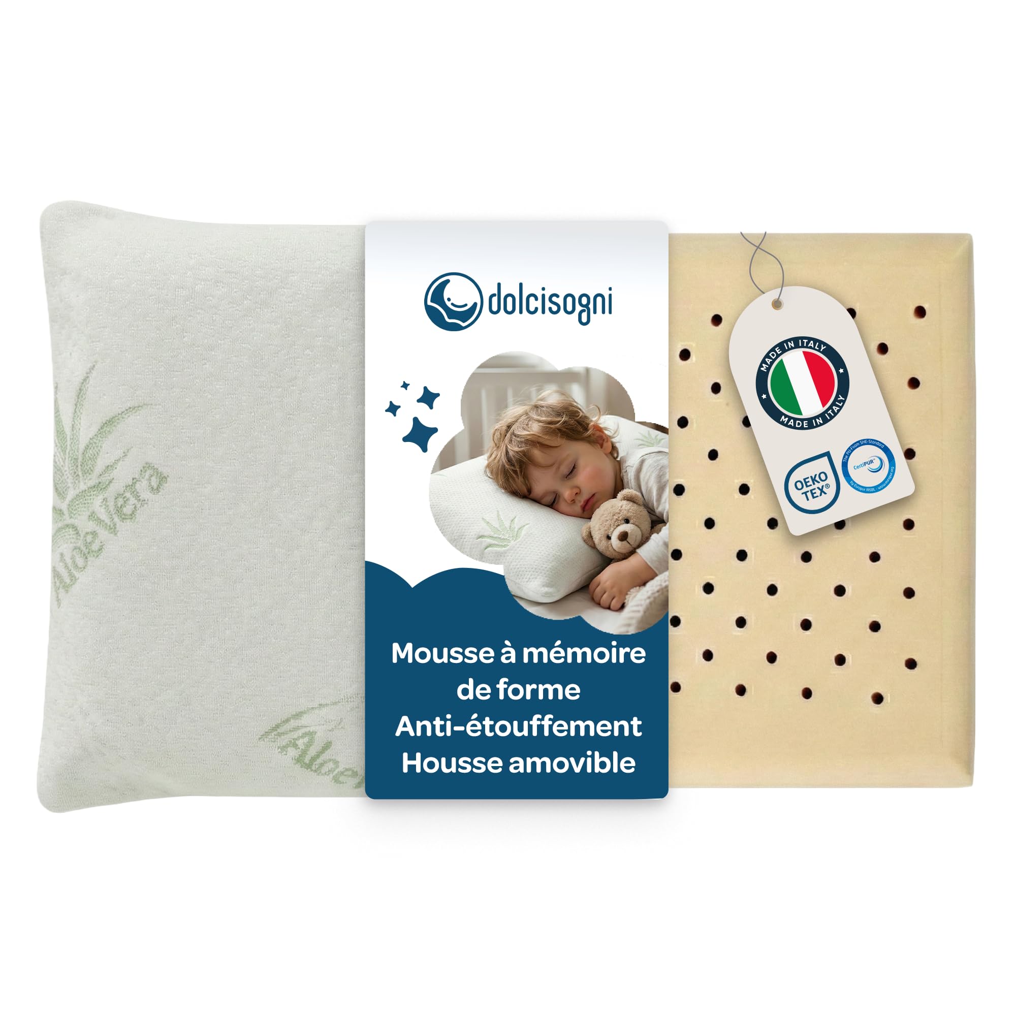 DOLCI SOGNI Oreiller Enfant Mémoire de Forme Oeko-TEX® 30x50 cm, Épaisseur 5,5 cm, pour 2-3 Ans, Coussin Bébé Lit, Petit Oreiller Maternelle