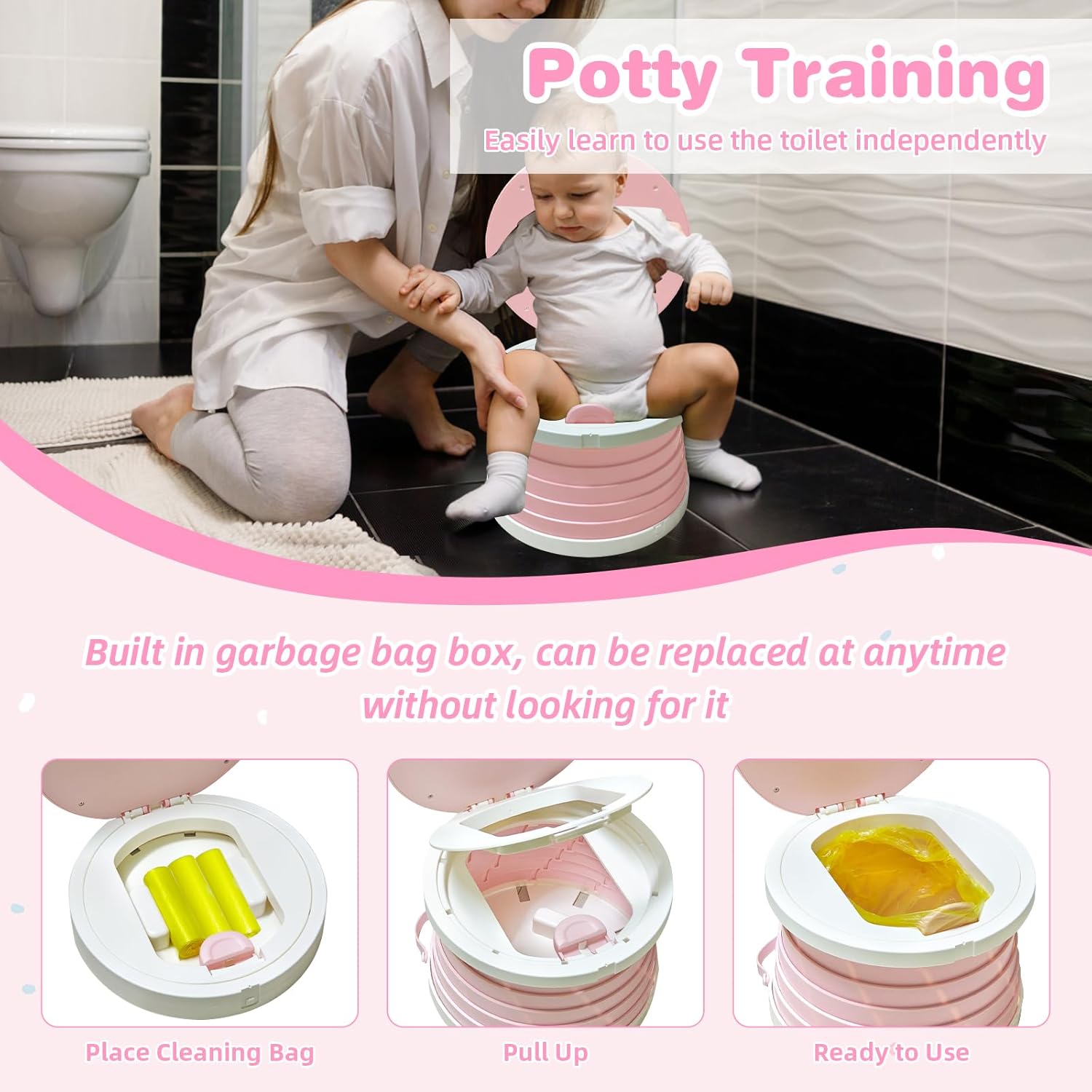 2026 Upgraded Portable Potty Chair for Toddlers with Splash-Proof Design, Foldable Travel Potty with Bag & 30 Refills - Kids Toilet for Car, Camping, Indoor - Easy Clean Baby Potty Training Seat(Pink)