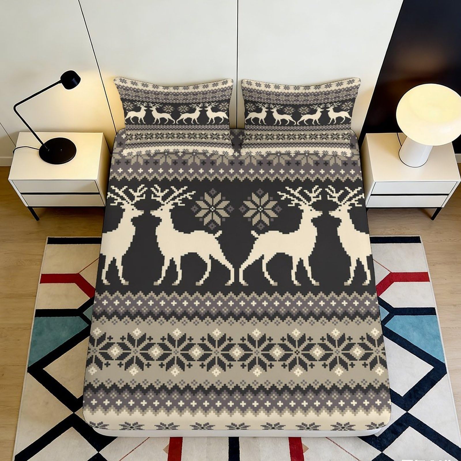 3D Printed Nordic Deer Fitted Sheet Microfiber Anti-Slip Snowflake Bed Cover for Bedroom Guestroom Machine Washable 90x200x25cm