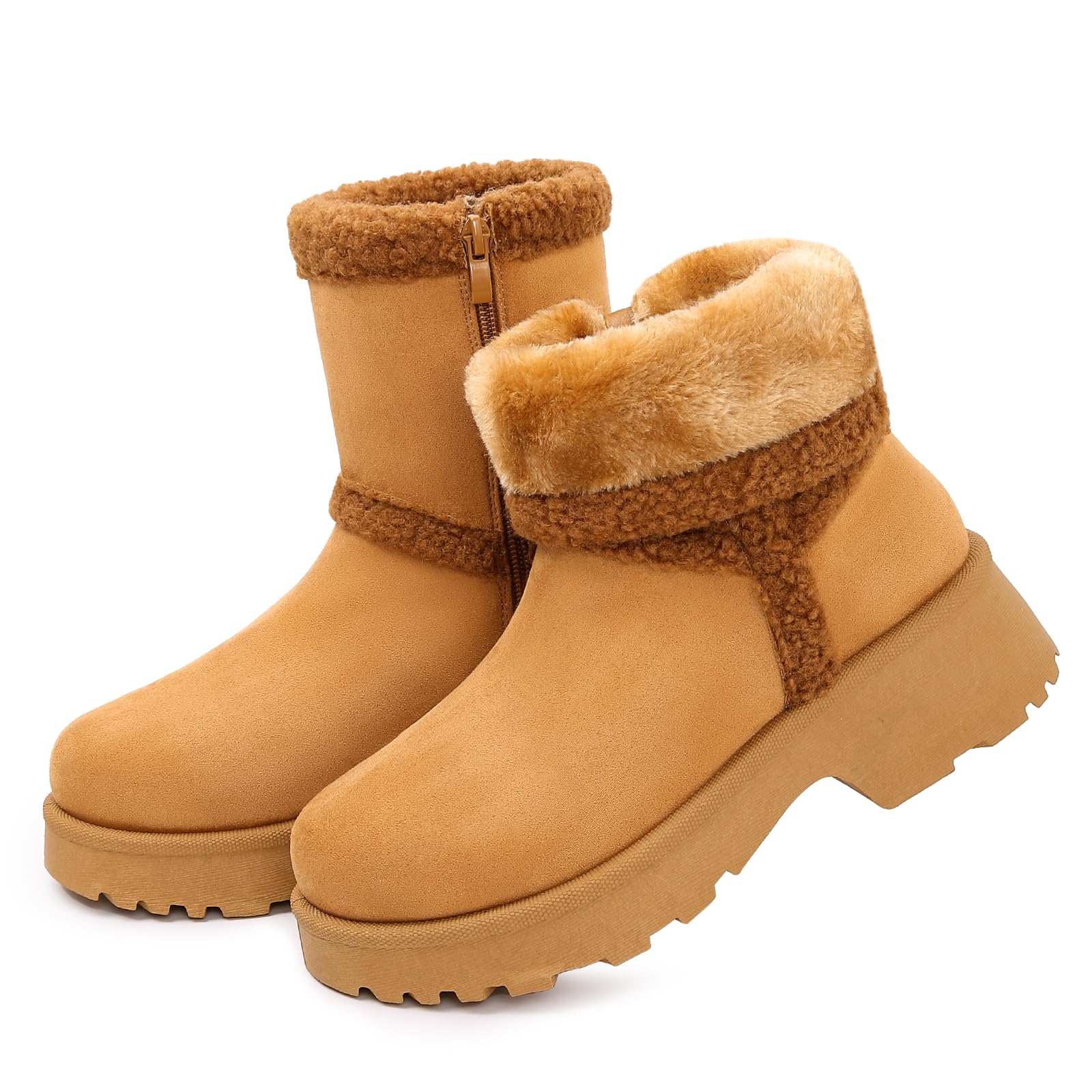 Womens Slip On Winter Snow Boots Faux Fur Lined Platform Mid calf Booties with Zipper Riding Walking Outdoor