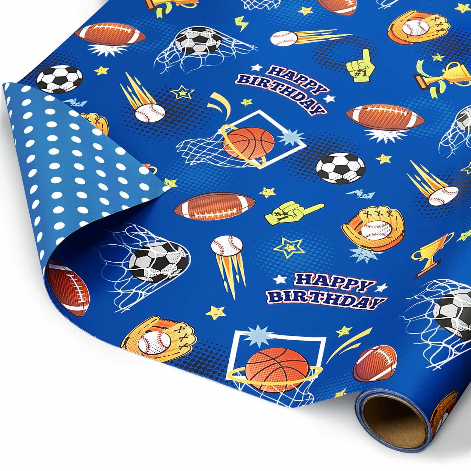 WERNNSAI Sport Ball Wrapping Paper - 1 Roll Reversible Blue Sports Gift Wrap Happy Birthday Wrapping Paper for Kids Boys with Football Basketball Design for Birthday Party Baby Shower 43cm X 5m