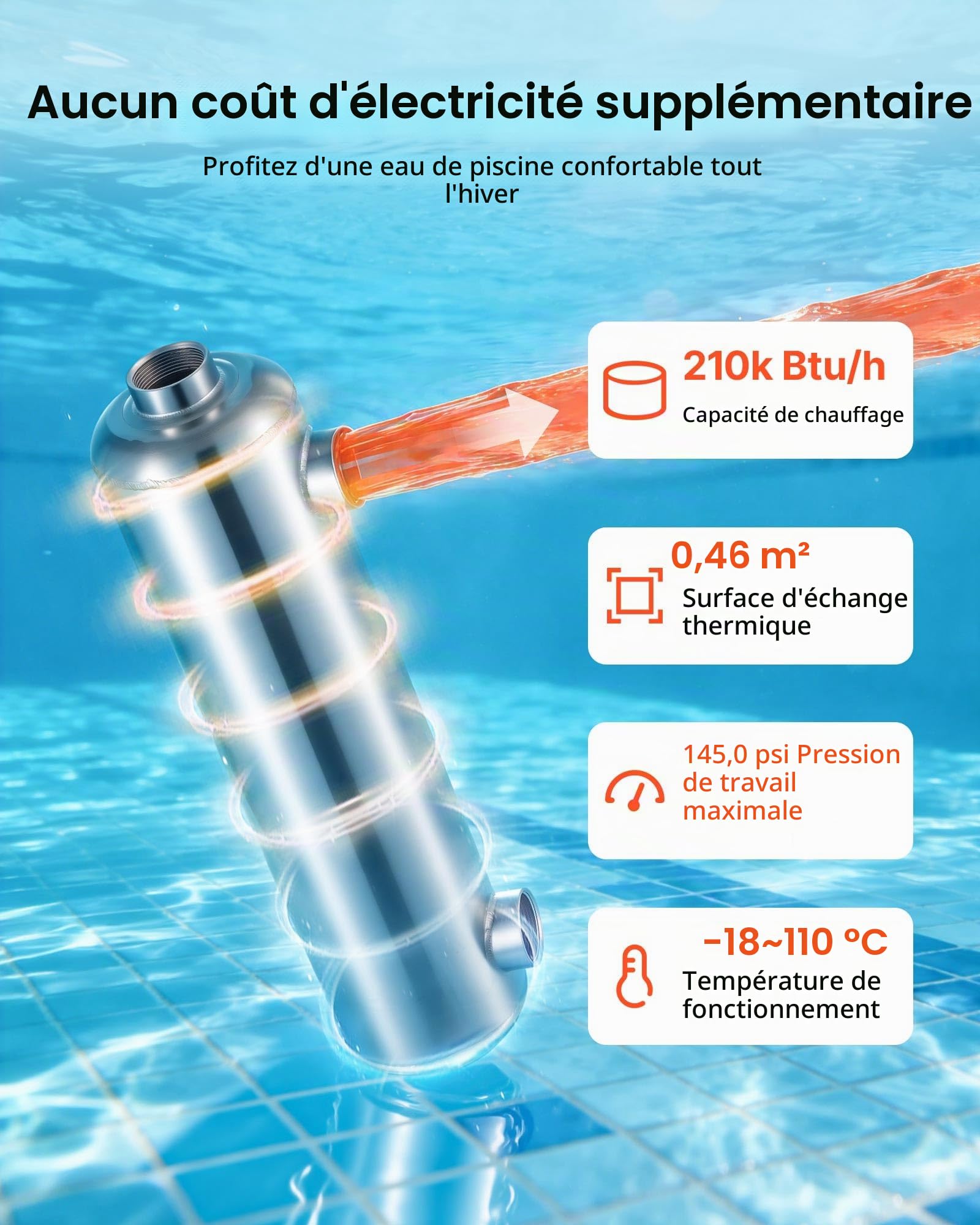 VEVOR Échangeur de Chaleur pour Piscine, Échangeur Thermique, Capacité Thermique 61 KW, en Acier Inoxydable 316L, Système Eau-Eau pour Spa, Bain à Remous, Piscines Intérieures Extérieures, Argent