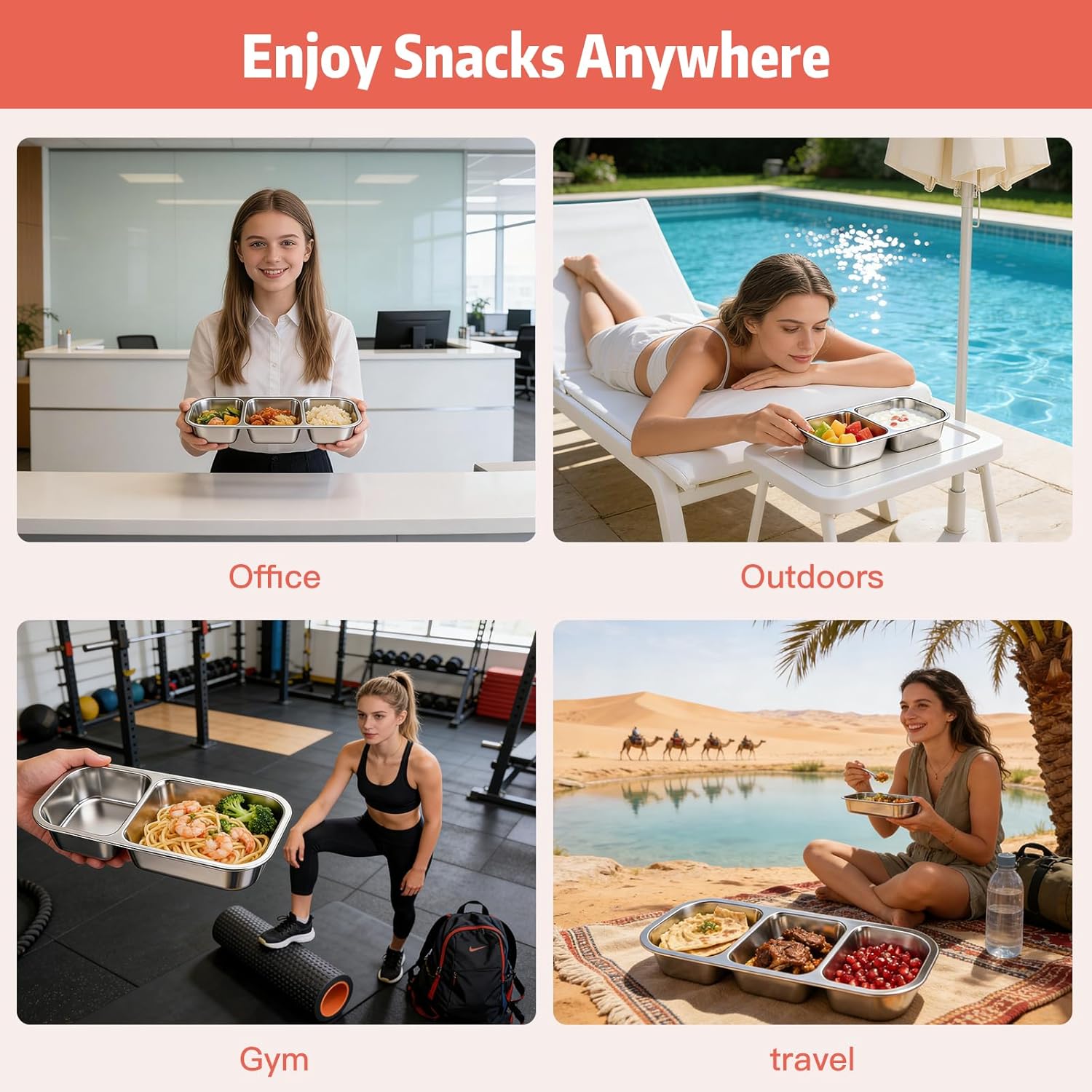 4 Pack Stainless Steel Snack Containers with Lids, Leak-Resistant Lunch Boxes Set with Cutlery – 2 x 2-Compartment & 2 x 3-Compartment, Reusable for Snacks, Lunch, Picnic & Hiking