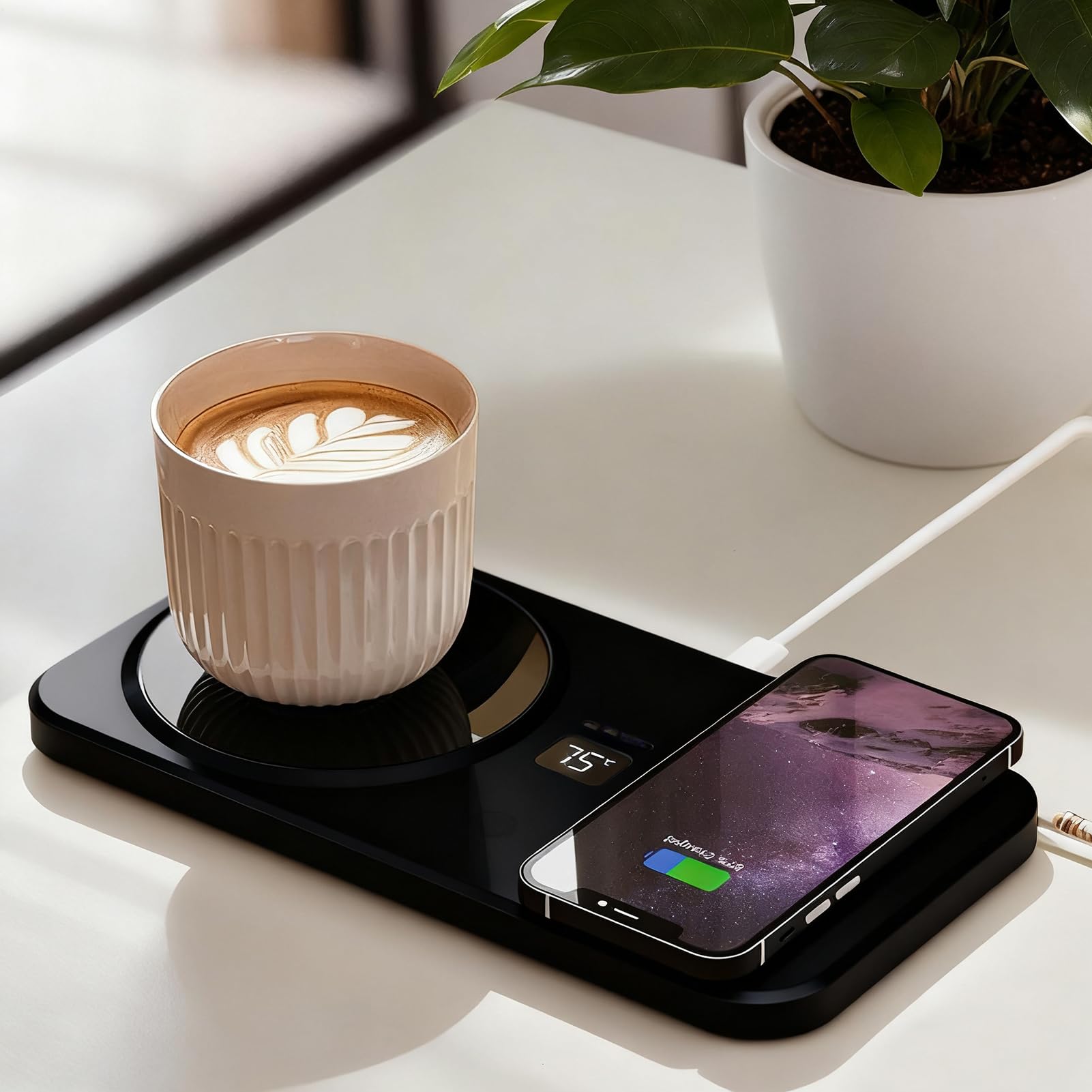 Calentador De Café para Escritorio | Base Calefactora Inalámbrica para Tazas | Calentador De Bebidas con 3 Ajustes De Temperatura para Cargar Reloj Y Teléfono | Regalo para Oficina Hogar