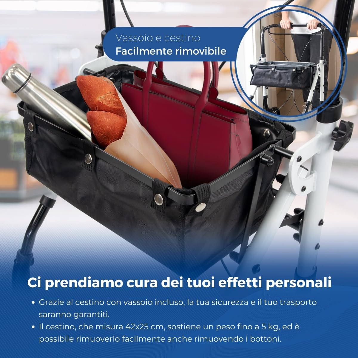 Mobiclinic®, Deambulatore con 4 ruote, Olimpo, Pieghevole, Moderno, Borsa, Monocomando, Regolabile, Sistema sottoporta, Vassoio, Piroettanti, Freno manuale, Alluminio, Maneggevolezza