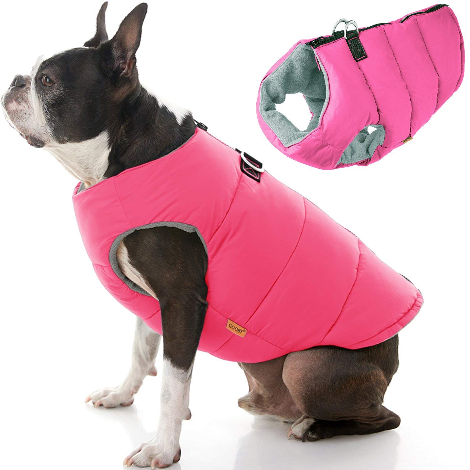 Gooby Padded Vest Dog Jacket - Solid Pink, Medium - Warm Zip Up Vest Fleece Jacket with Dual D Ring Leash Water Resistant for Small to Medium Dogs