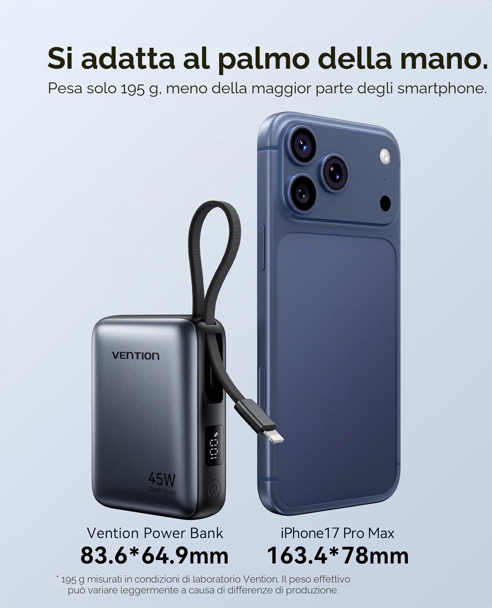 VENTION Mini Power Bank 10000mAh 45W Ricarica Rapida, con Cavo USB-C Integrato & Display Intelligente, Caricatore Portatile 3 Porte Compatibile con iPhone 16/15/14 Pro Max Plus, iPad, Galaxy S24 Ultra