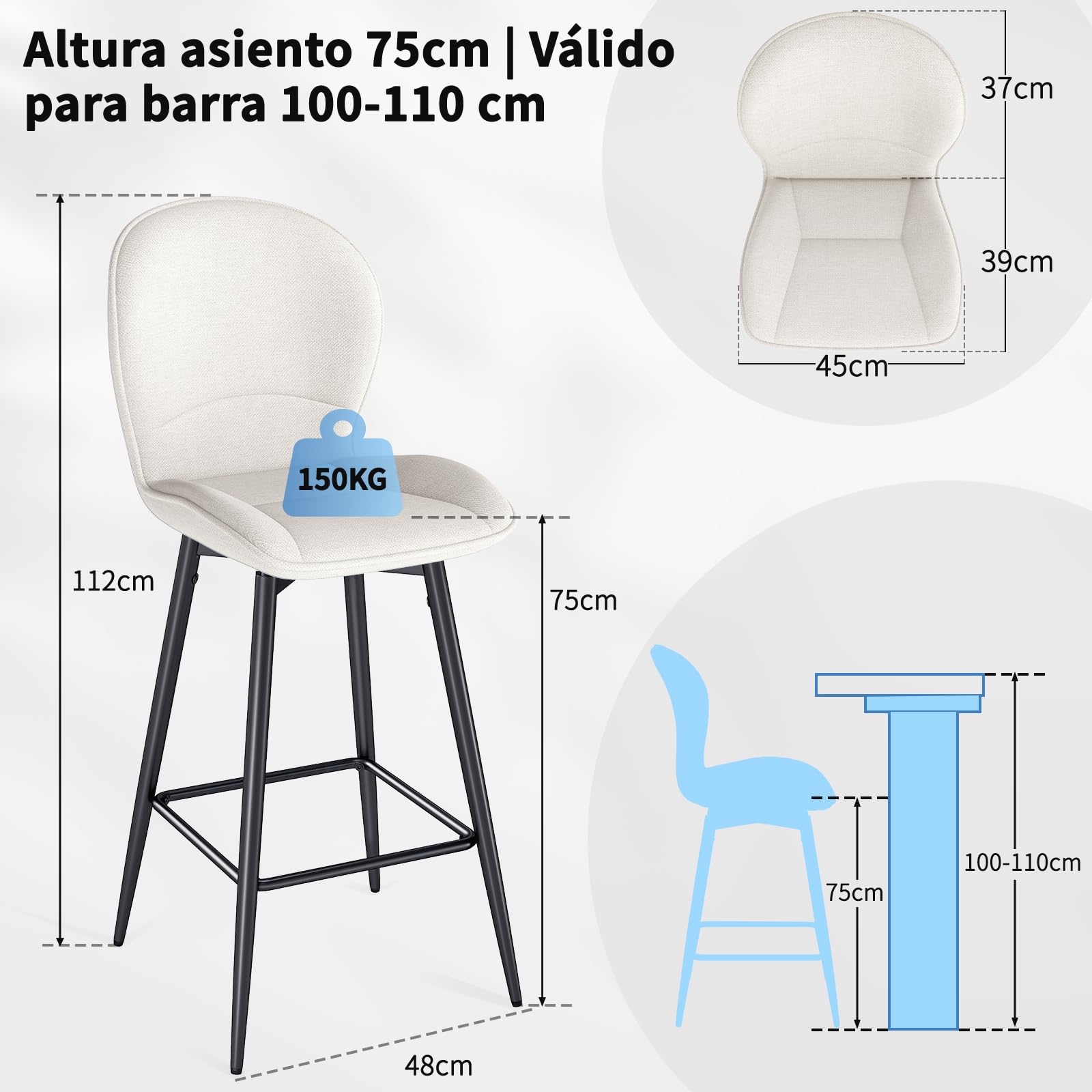 LEWE Juego de 2 Taburetes Altos de Bar, 75 cm Altura del Asiento, Giratorio 360° Sillas Altas de Cocina con Respaldo Acolchado de Tela, Metálica Reposapiés, para Bar, Comedor, Salón-Beige