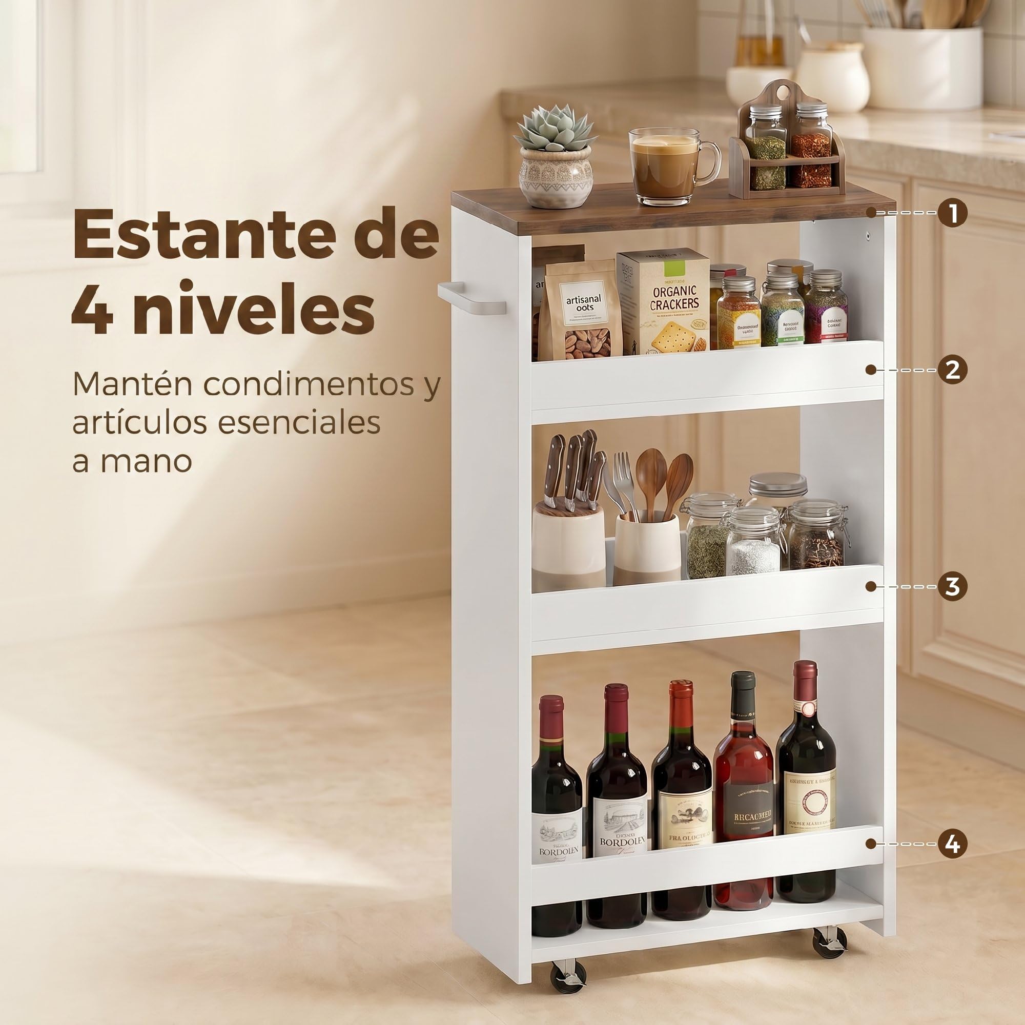 HOMCOM Carrito de Cocina Estrecho 3 Niveles con Ruedas 40x20x84 cm Blanco | Asa Lateral, Carro de Cocina Rodante, para Espacios Reducidos, Comedor o Salón