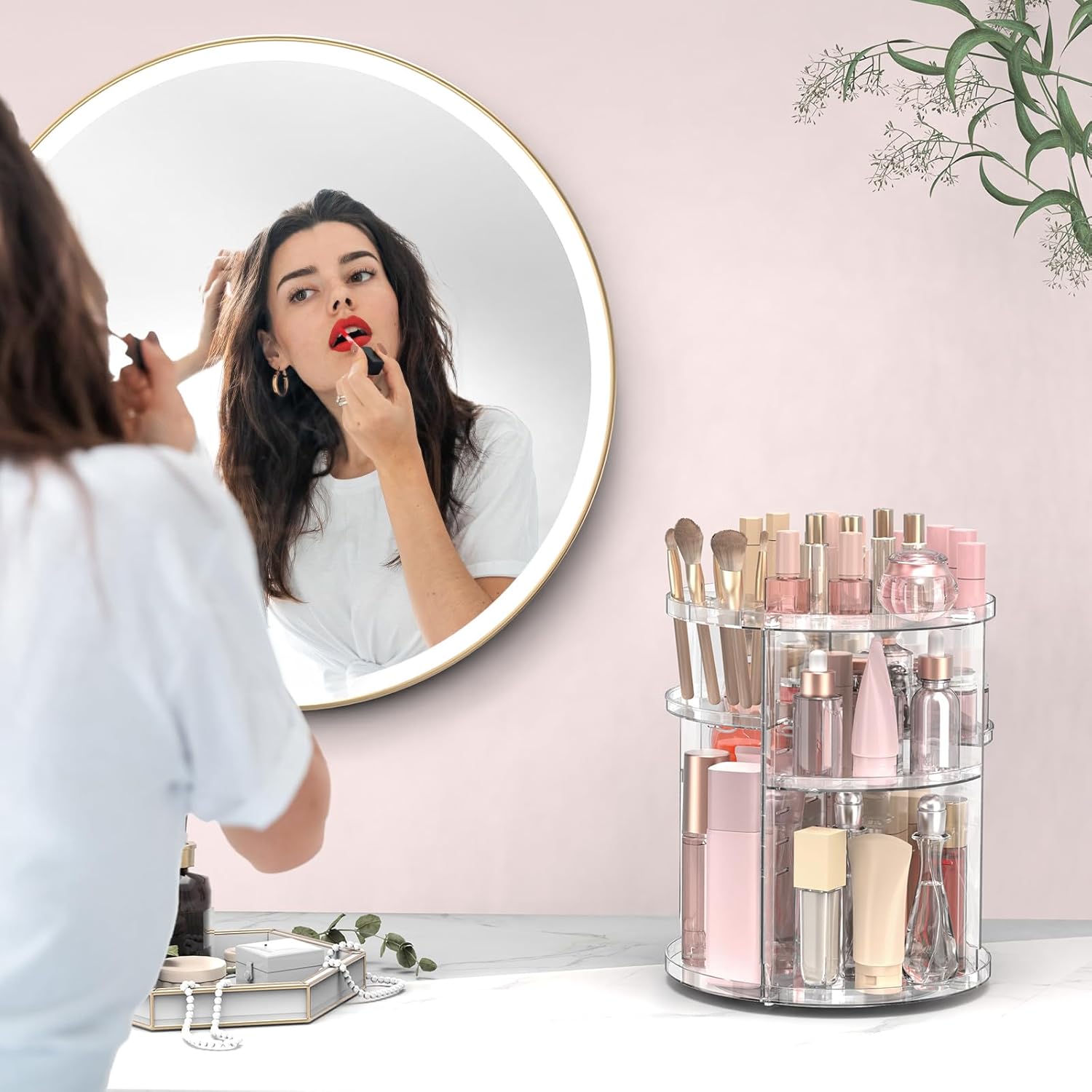 Rotating Makeup Organizer, Adjustable Vanity Organizer, Large Capacity Cosmetic Display Case for Spinning, Storage Carousel for Bathroom and Vanity Countertop, Clear
