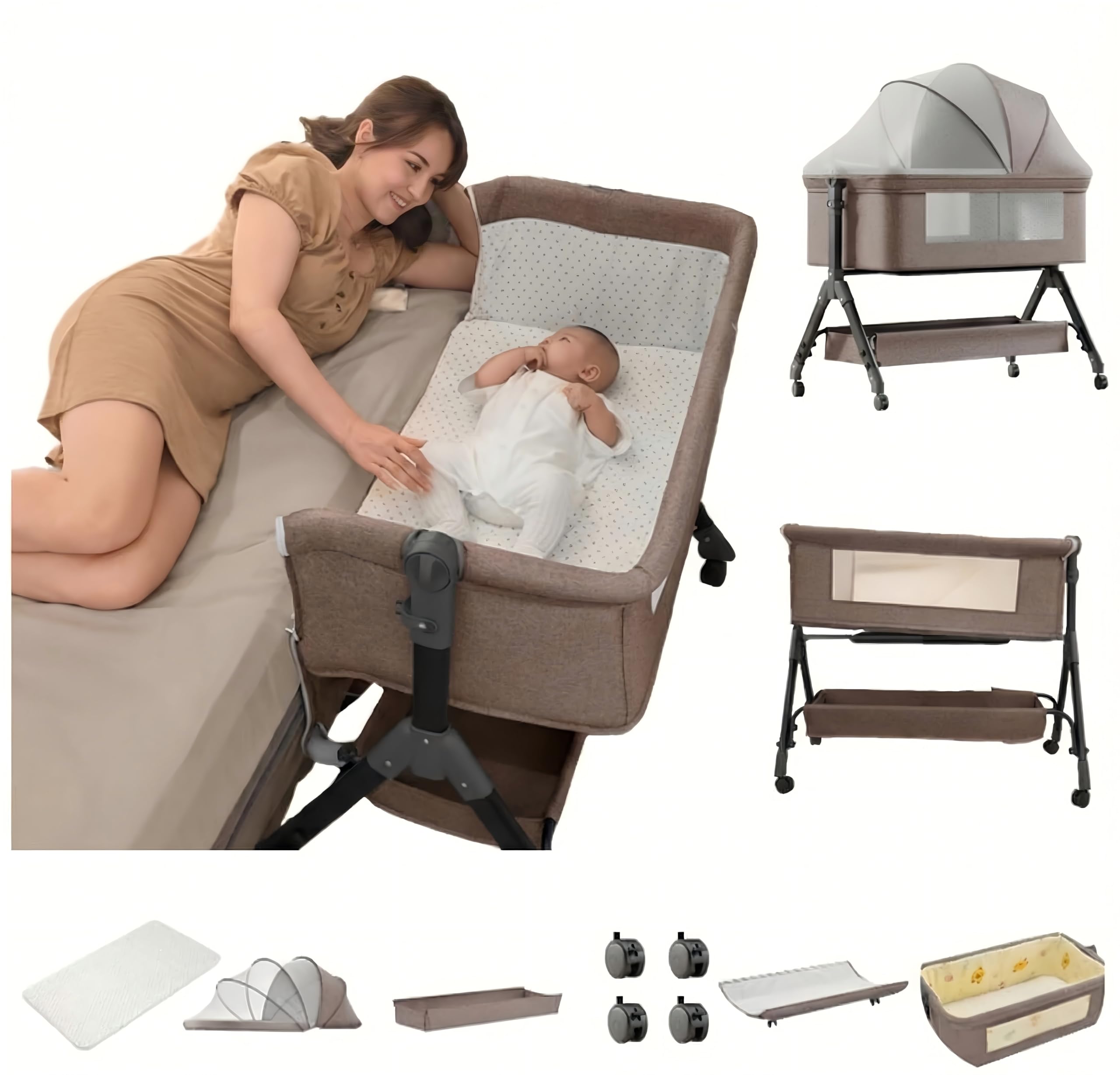Baby-Beistellbett mit Matratze, Faltbare und Umwandelbare Babywiege, Verstellbare Co-Sleeping-Babybett mit Moskitonetz (Khaki)