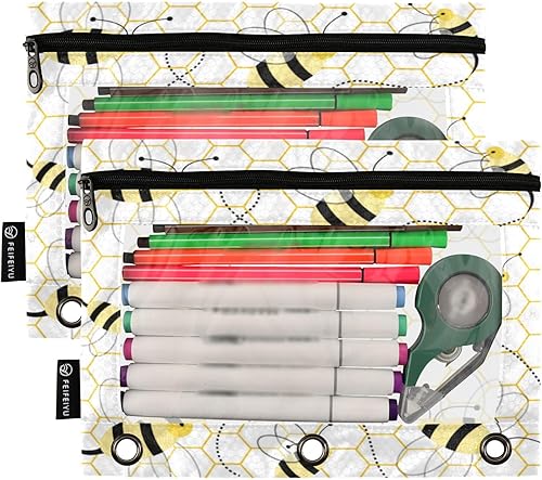 Miniatura 2 de Bolsas para carpetas, lindo diseño de abeja amarilla de dibujos animados para 3 anillas de panales, paquete de 2 bolsas para lápices con ventana