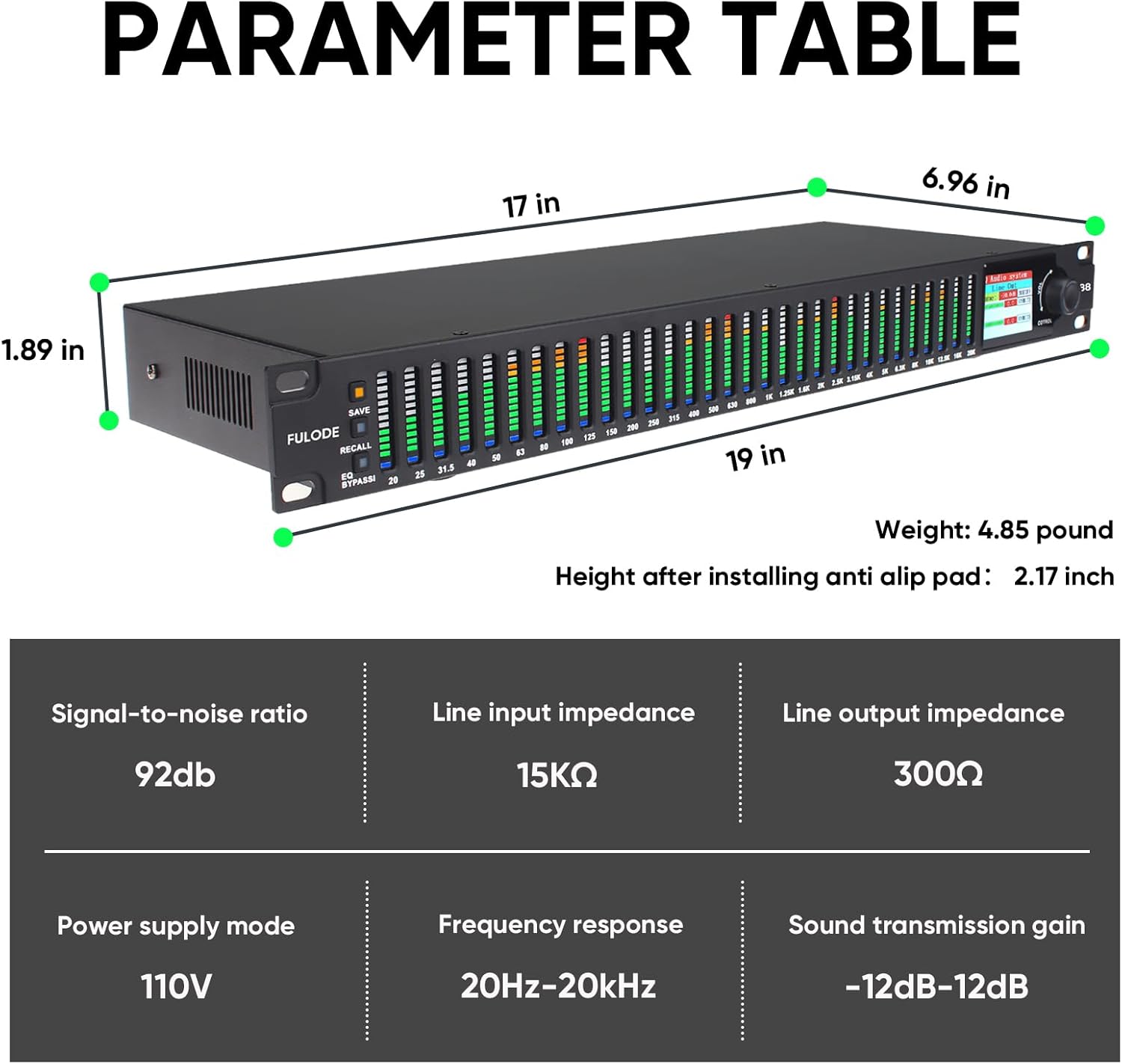 Diagram showing the dimensions and key technical specifications of the FULODE FX-888 Digital Equalizer.