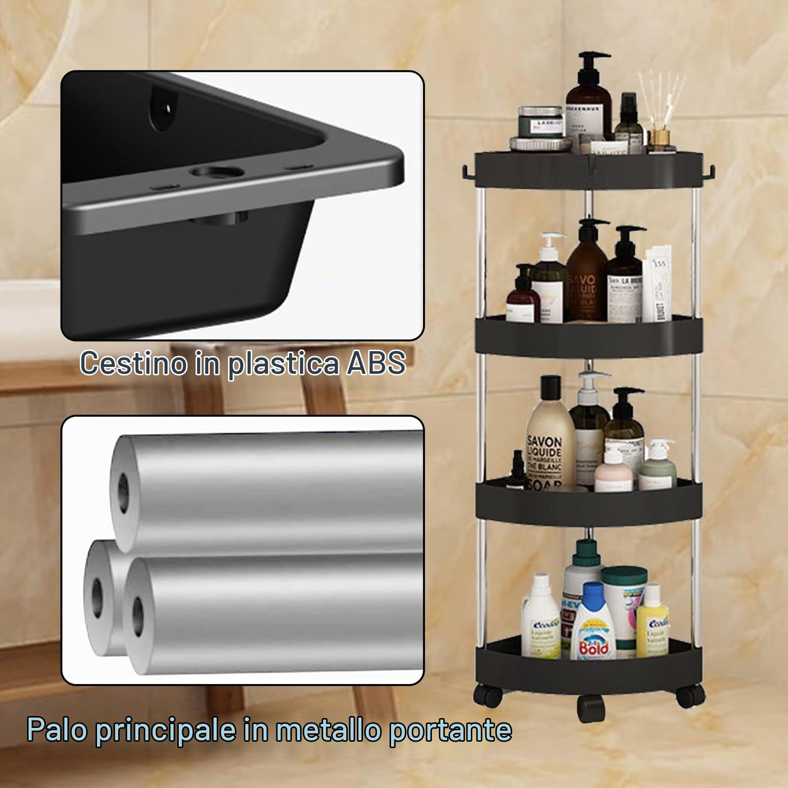 Mobile Carrello Bagno Salvaspazio, 82*26*26cm Mobile Doccia Portaoggetti Da Terra Porta Bagnoschiuma Da Doccia Angolare Scaffale Angolare Da Terra Scaffale Bagno Portaoggetti Doccia Da Terra