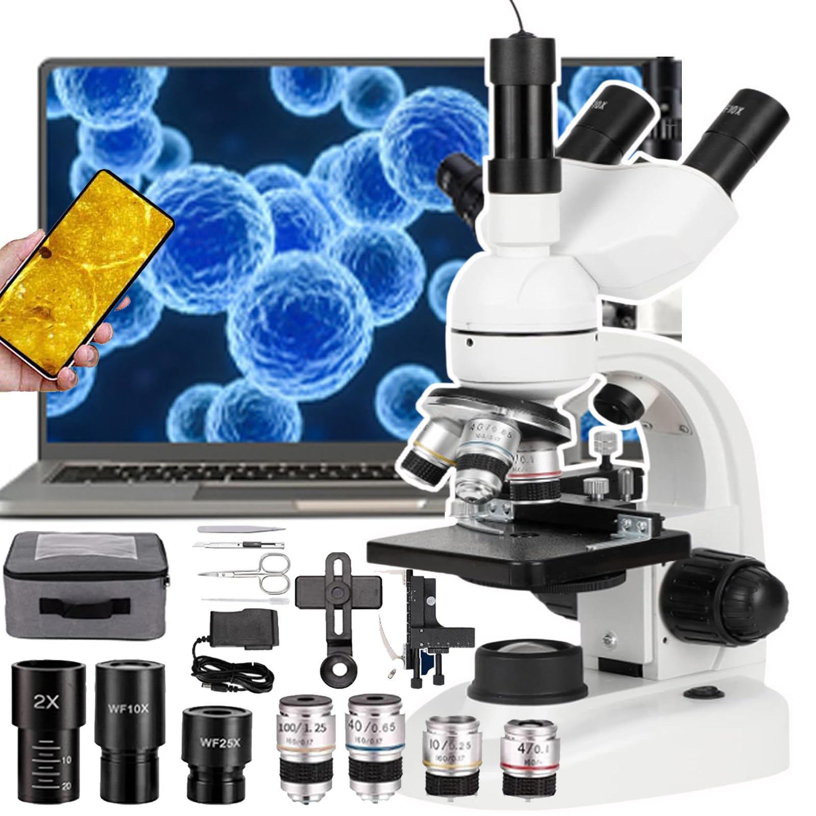 Microscopio Trinocular Profesional 40x-5000x, Ocular ElectróNico+Etapa MecáNica+Enfoque Ultrapreciso+IluminacióN Led Dual para La Escuela/Operaciones Experimentales,White
