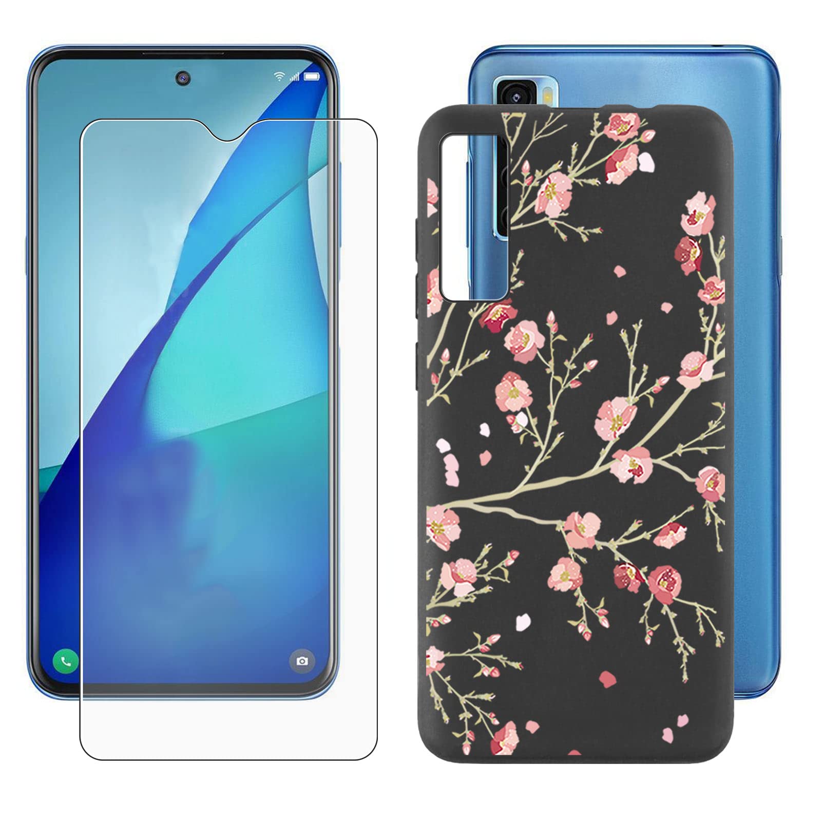 Ikiiqii Cover for TCL 20S T7730, 20 S case Shell Soft Silicone Black Phone Protective Cases TPU + 9H Hardness HD Tempered Glass Screen Protector Film Protection -Peach Blossom