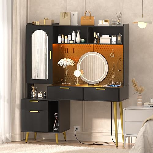 Miniatura 6 de armocity Tocador de maquillaje de 48 pulgadas con gabinete, tocador negro para dormitorio con estación de carga y LED, mesa de tocador alta con