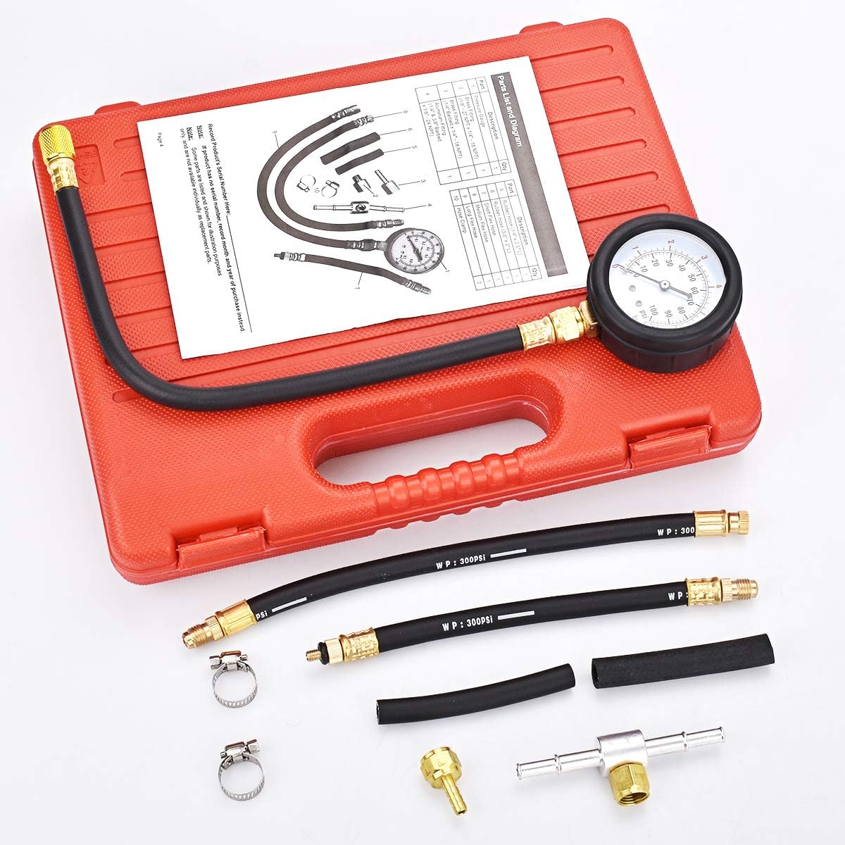 FAERSI Fuel Injection Pressure Test Kit - Universal Fuel Oil Engine Diagnostic Gauge Tester Set with Fittings, Instructions, Storage Case for Car Motorcycle Truck RV SUV & ATV, 0-100 PSI / 0-7 Bar : Automotive