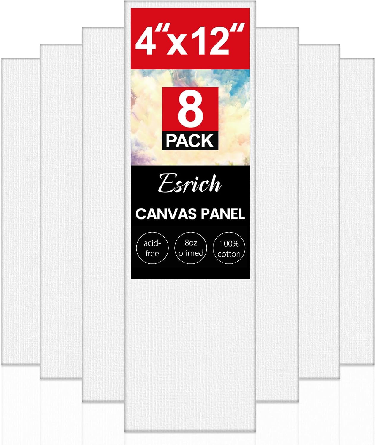 ESRICH Long Canvas for Painting, 8 Pack 4x12 Canvas Boards for Painting Cotton Primed Acid Free Blank Canvas Panels for Oil Paint, Watercolor, Acrylic Paint, Gouache and Tempera.