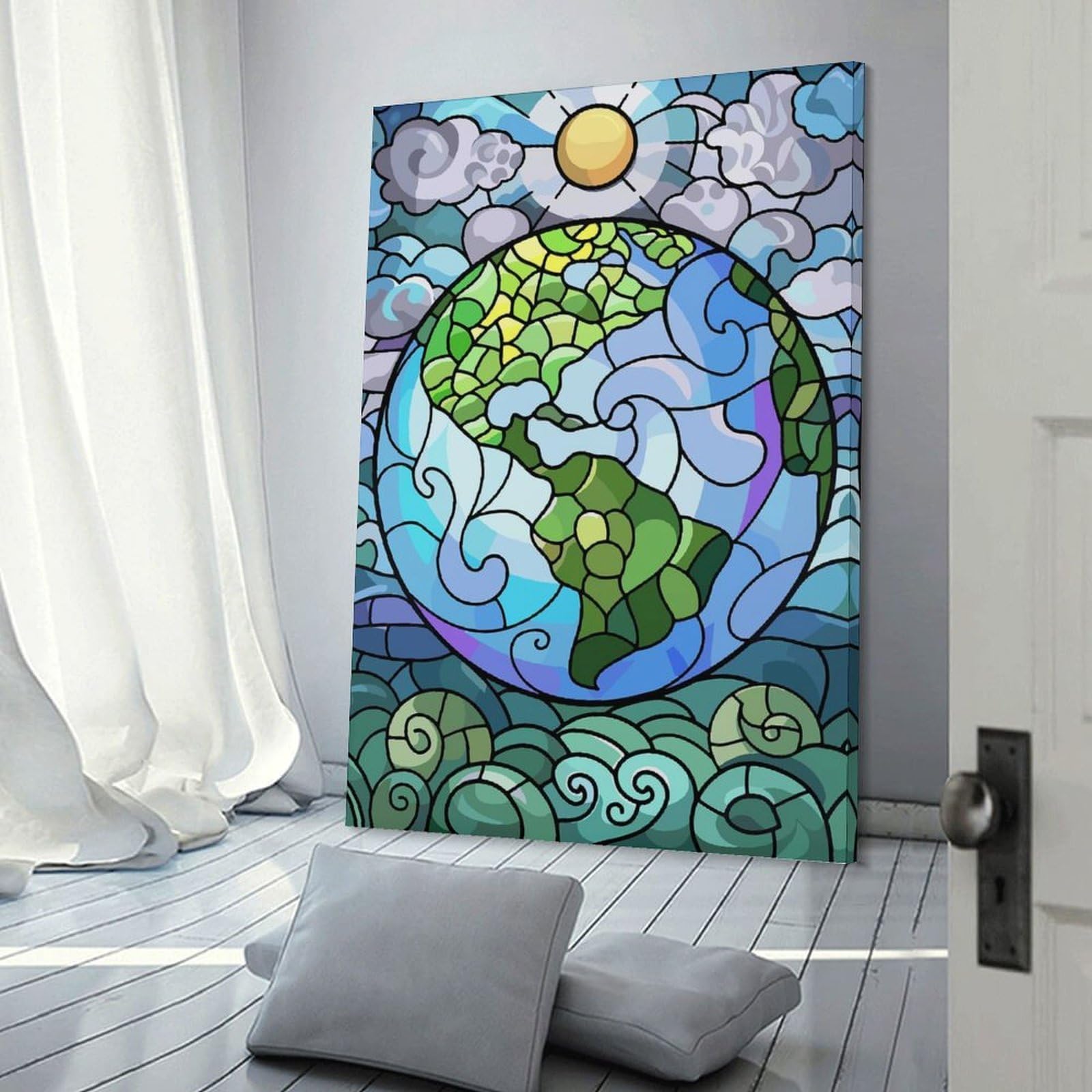 Junmoney Canvas Wall Decor Stained Glass Earth And Sun, 20x30inch(50x75cm), for Restful Interiors, Bedrooms Or Small Rooms, Canvas Wall Decor for Personal Spaces