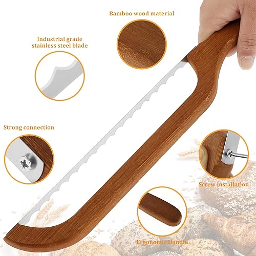 Miniatura 4 de Cuchillo de pan dentado para pan de 15.7 pulgadas, cortador de pan casero, mango de madera, cortador de lazo de pan, cortador de masa madre,