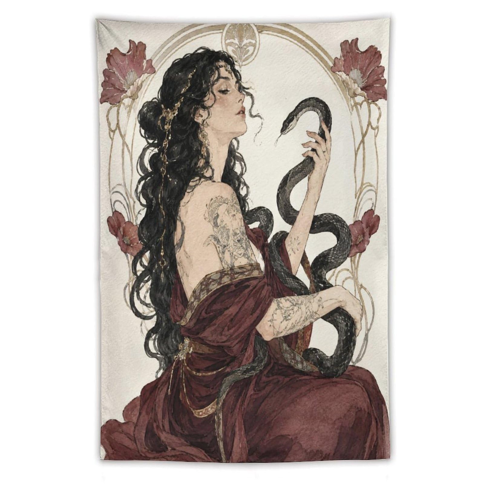 H3B8U2Y5 Snake Goddess with Black Serpents Wall Tapestry, Art Nouveau